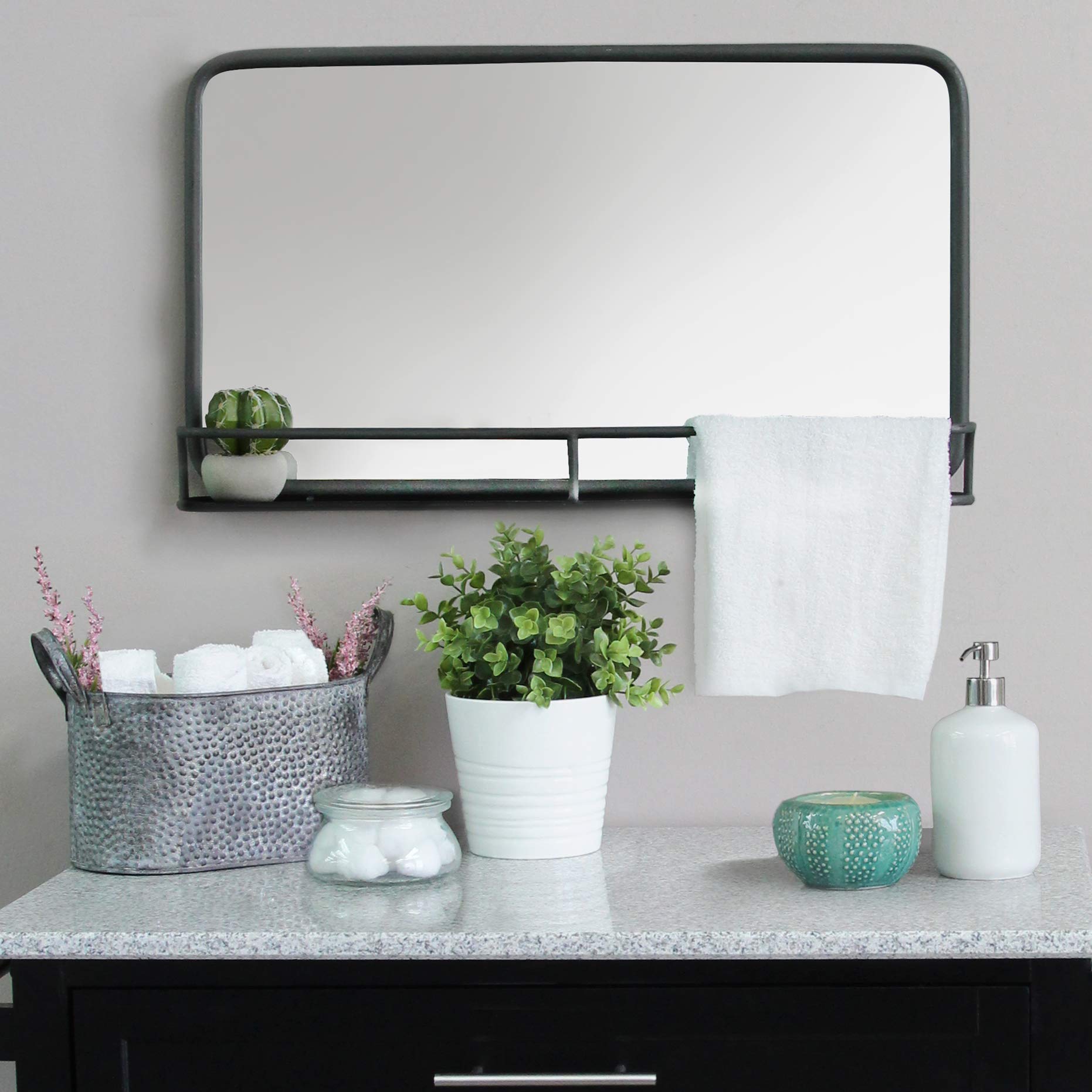 Stratton Home Decor Mason Metal Mirror With Shelf, 24.00 W X 4.00 D X 14.00 H, Gunmetal