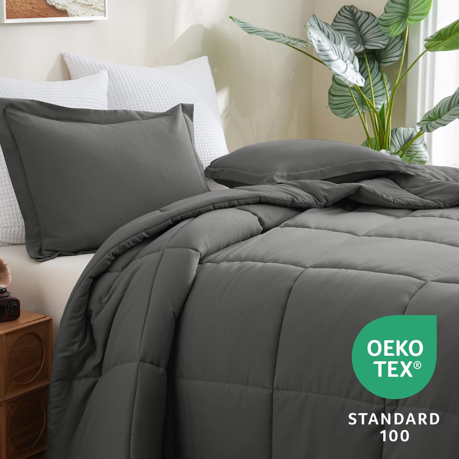 Cozylux Queen Comforter Set - Dark Grey Comforter Queen Size, 3 Pieces Box Stitched Bed Set For All Seasons, Soft Lightweight Bedding Sets With 1 Down Alternative Comforter And 2 Pillow Shams