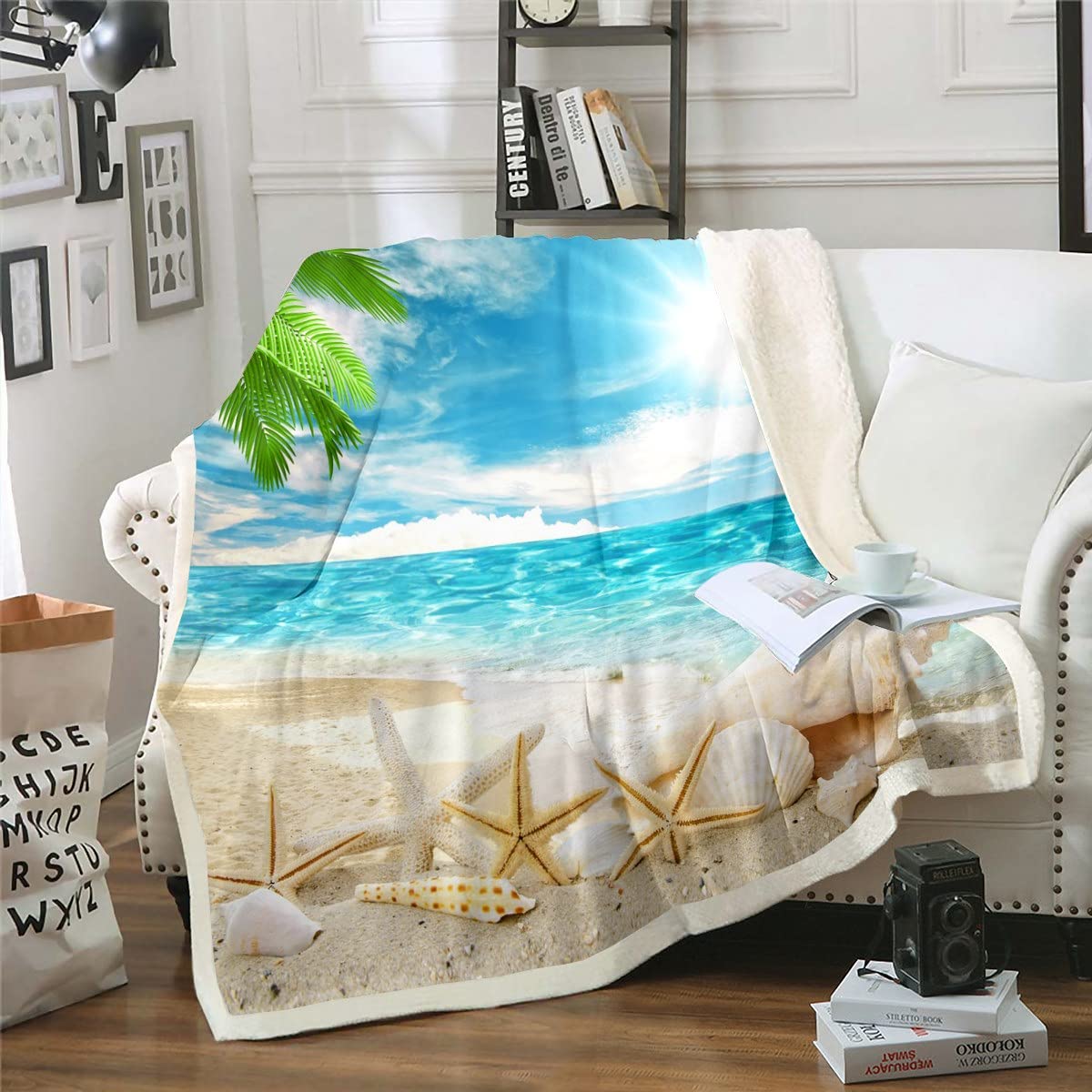 Erosebridal Beach Themed Blanket Blue Ocean Throw Blanket For Bed Couch Seashell Starfish Printed Fleece Blanket Twin Size Beach