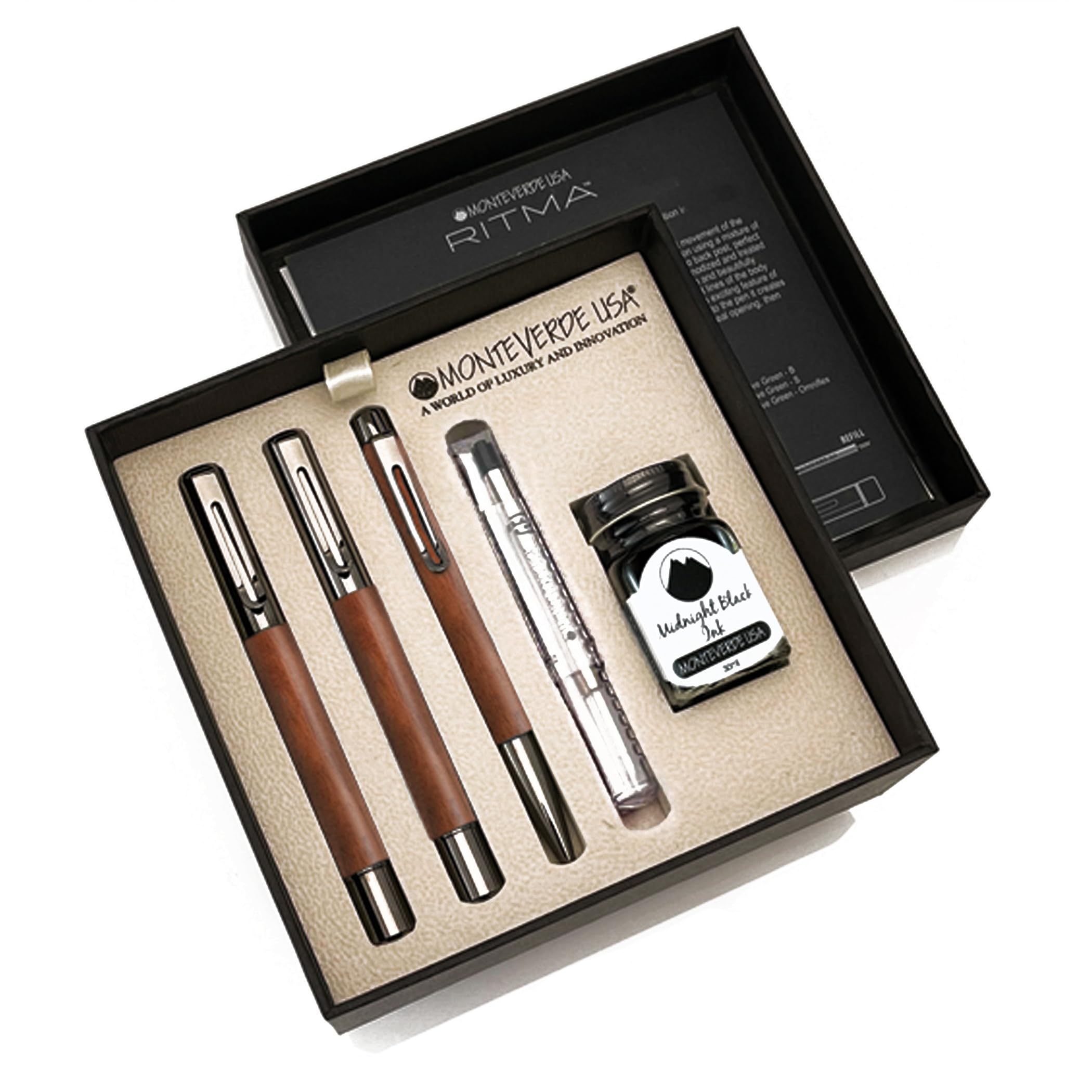 Monteverde Ritma 3+2 Piece Gift Set, Walnut - Includes Extra Fine Nib Fountain Pen, Rollerball, Ballpoint, 30Ml Ink & Refill - P