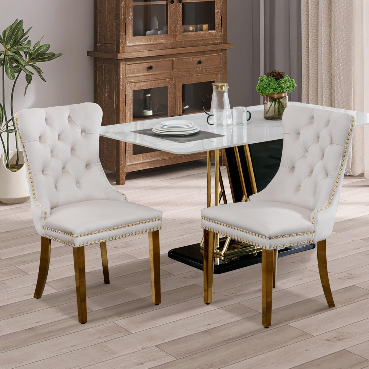 Soarflash Velvet Dining Chair Set Of 2, Upholstered Tufted Dining Room Chair With Nailhead Trim, Solid Gold Plated Leg For Kitch