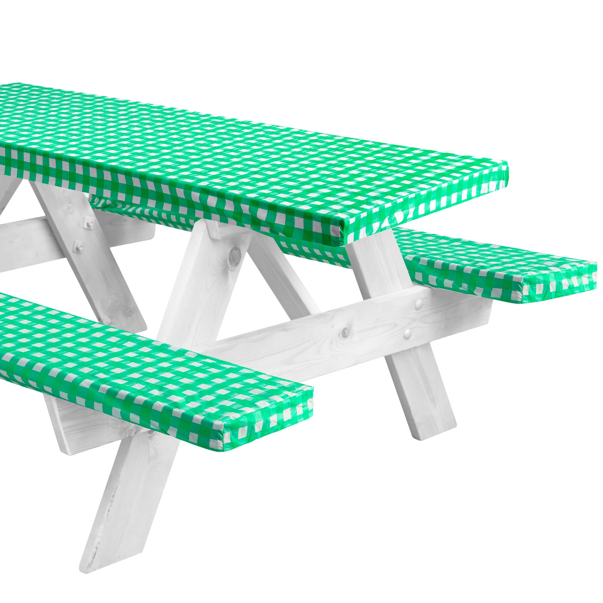 Linpro 8Ft Vinyl Fitted Picnic Table Cover With Bench Covers. Outdoor Checkered Picnic Tablecloth For Camper And Rv Accessories. 3 Piece Set Camping Essentials. Waterproof, With Elastic Edges. 96'