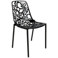 LeisureMod Aluminum Stackable Dining Chair with Floral Cutout Design, Black Patio Side Chair for Indoor and Outdoor Use