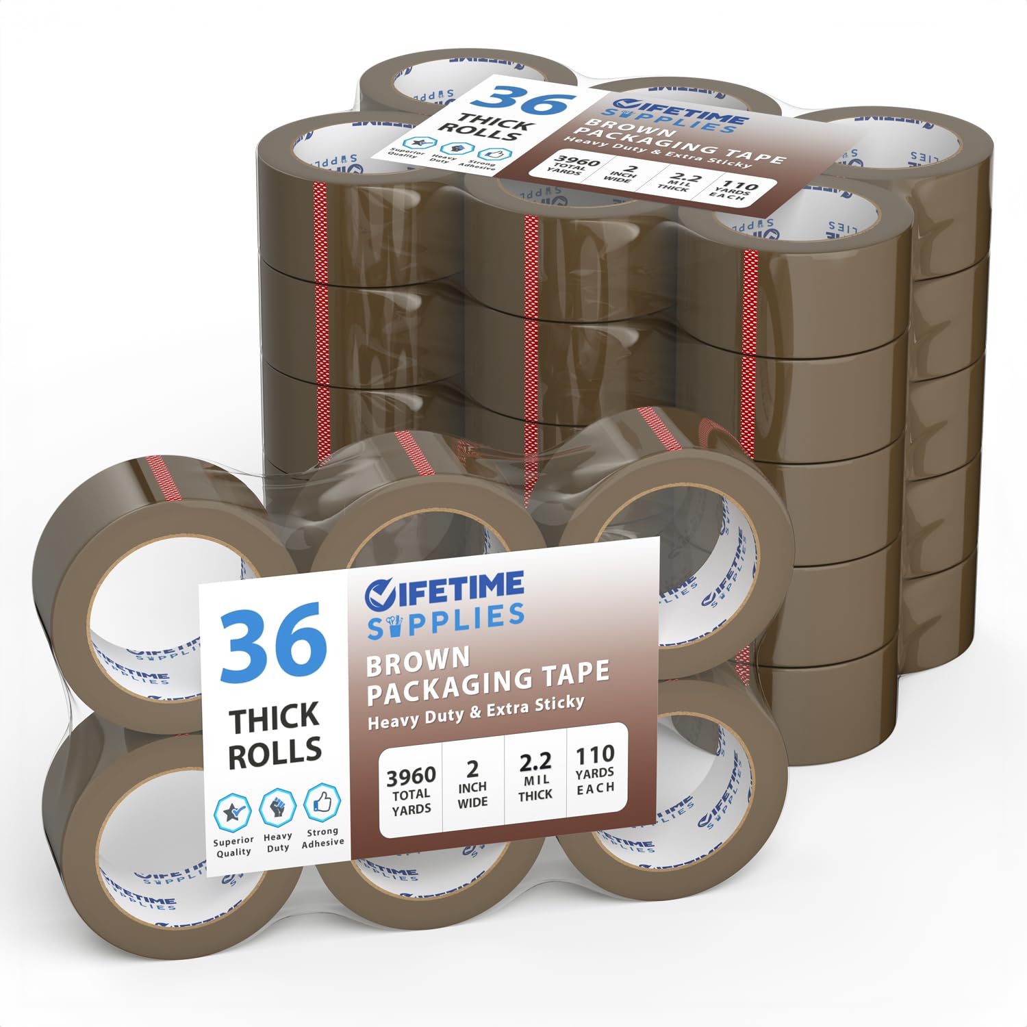 Lifetime Supplies 36 Rolls [Upgraded] 2' Brown Premium Packing Tape, 110 Yards, 2.2 Mil, Heavy Duty Packaging Tape For Shipping