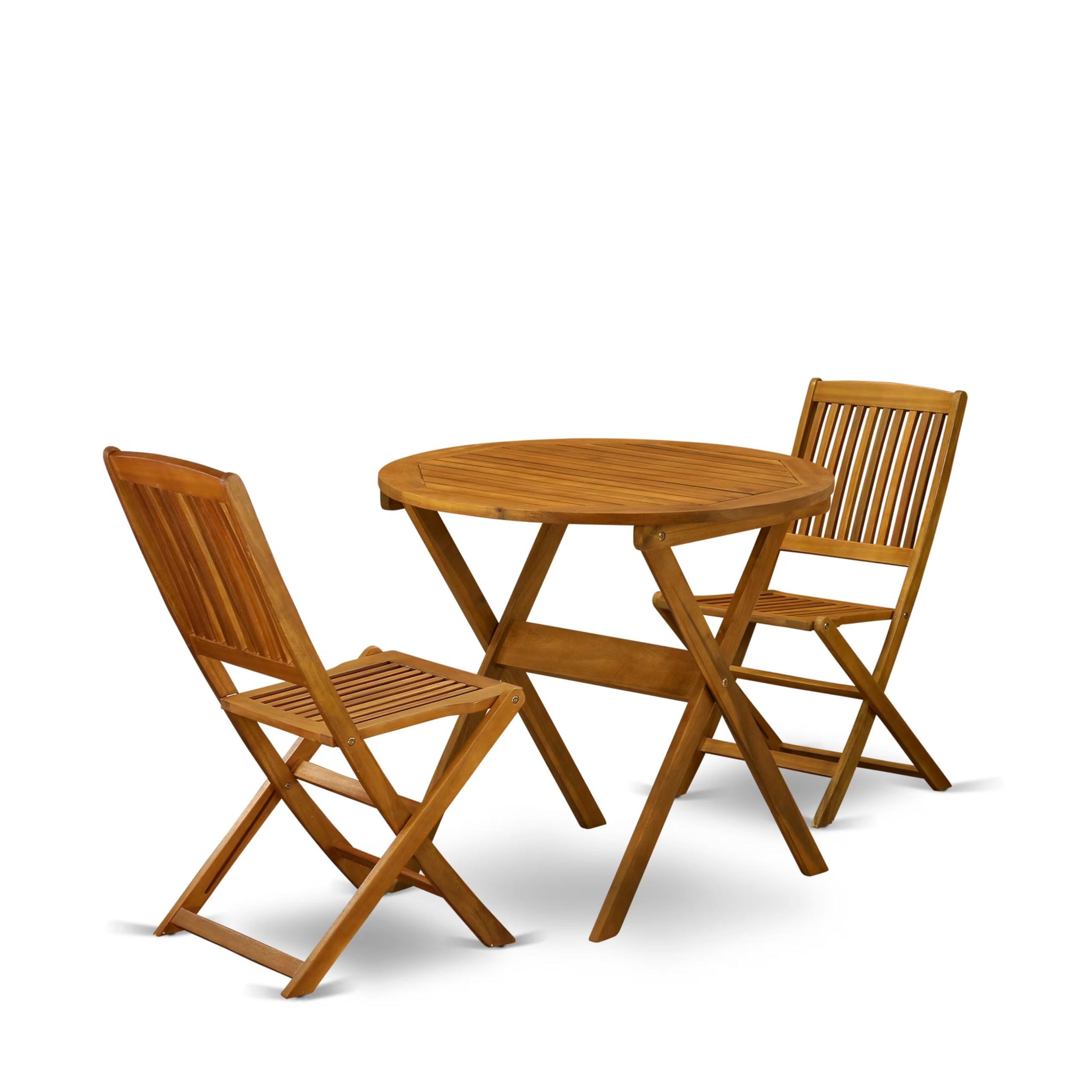 East West Furniture MNCM3CWNA Marion 3 Piece Patio Bistro Set Contains a Round Outdoor Acacia Wood Coffee Table and 2 Folding Side Chairs, 30x30 Inch, Natural Oil