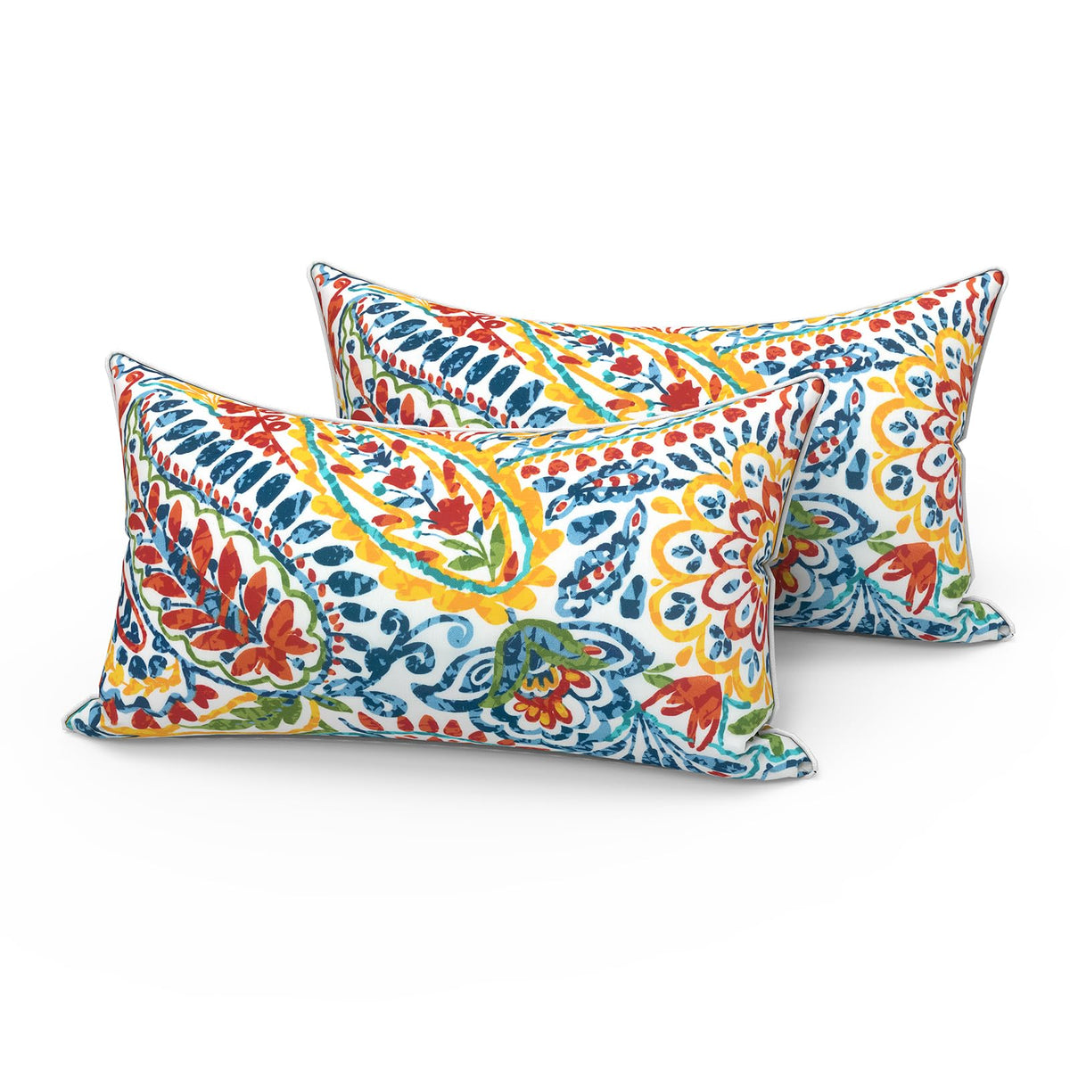 Lvtxiii Set Of 2 Outdoor Lumbar Pillows For Patio Furniture With White Piping, 12'X20' Fade Resistant Patio Lumbar Pillows With Inserts For Home Coach Sofa Use, Paisley Multi