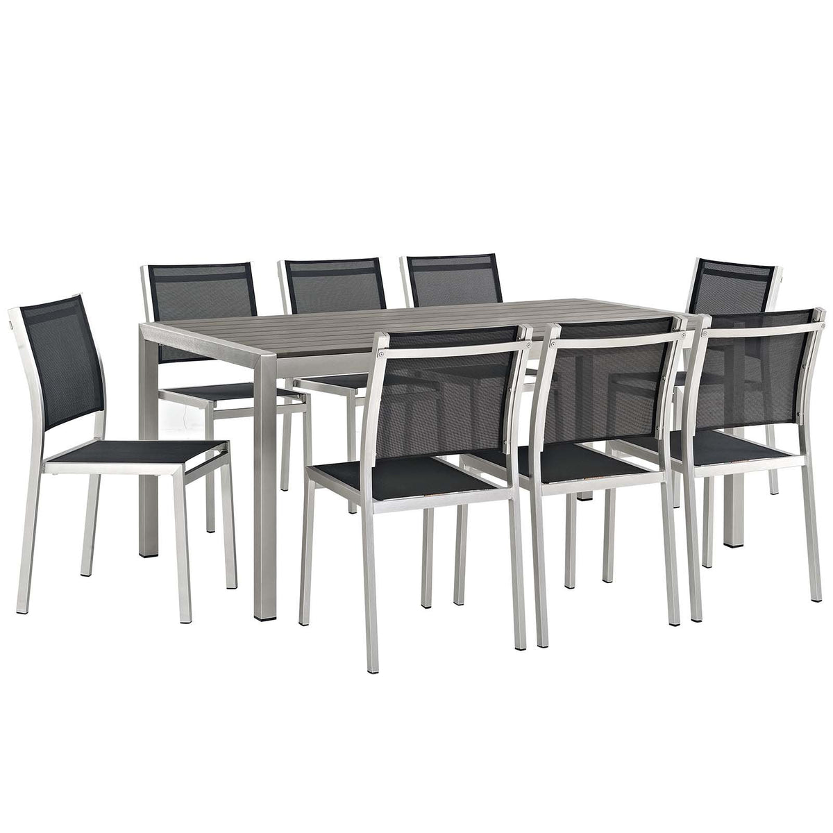 Modway EEI-2583-SLV-BLK-SET Shore 9 Piece Patio Aluminum Set Outdoor Furniture, Dining Set of 9, Silver Black