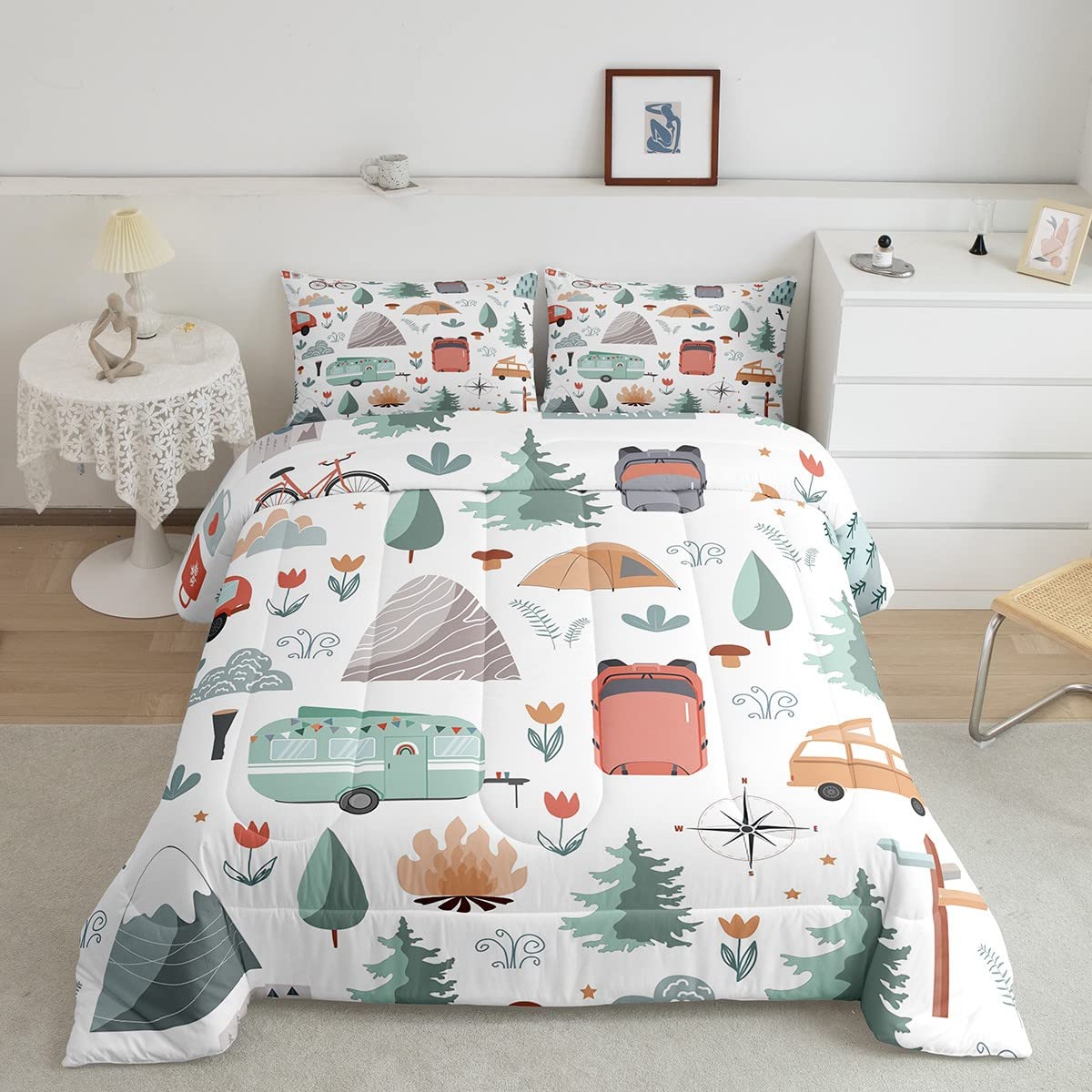 Kids Camper Theme Comforter Set Full 3Pcs, Happy Camping Bedding For Toddler, Travel Car Rv Accessories Down Comforter, Botanica