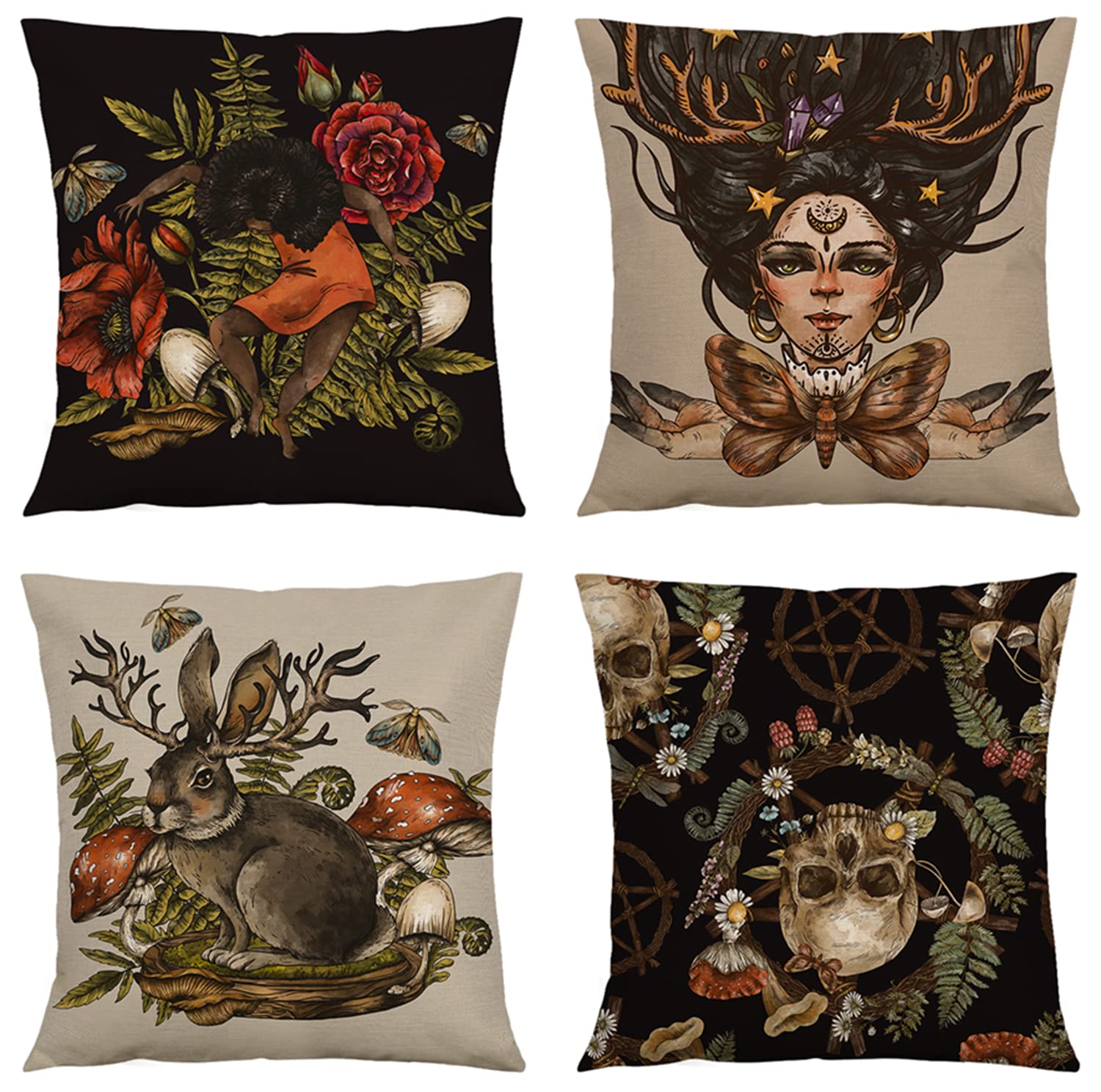 Rinrinfam Mystery Witchy Decor Pillow Covers 18X18 Set Of 4, Skull Moth Hands Dancing Magic Girl Horns Hare Mushroom Linen Pillo