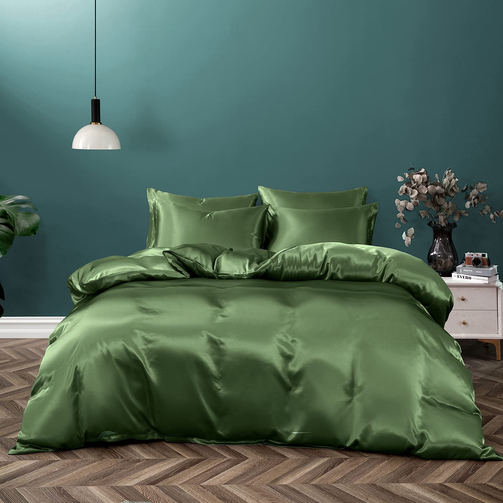 P Pothuiny 5 Pieces Satin Duvet Cover King Size Set, Luxury Silky Like Sage Green Duvet Cover Bedding Set With Zipper Closure, 1