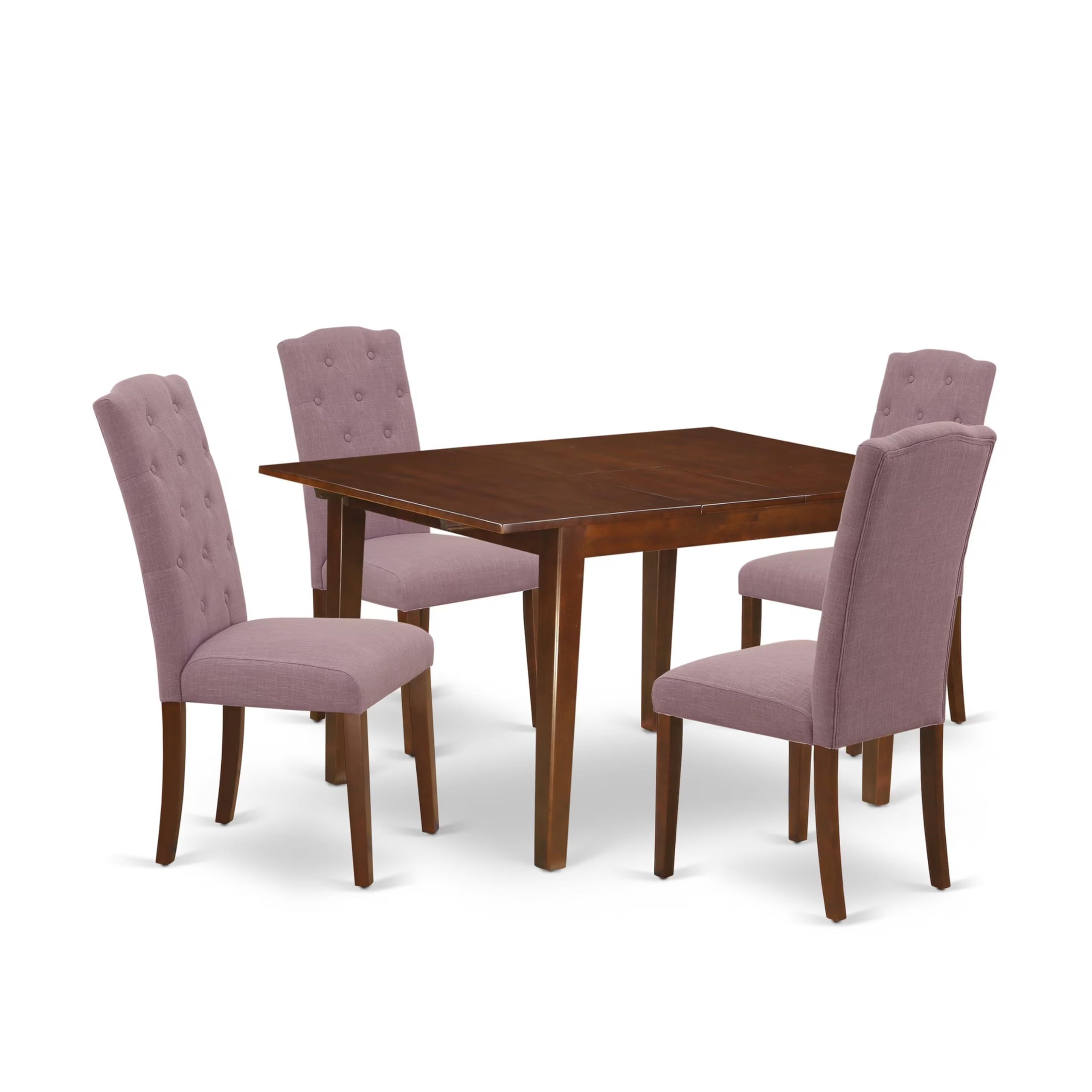 East West Furniture Mlce5-Mah-10 5 Piece Kitchen Table Set For 4 Includes A Rectangle Dining Room Table With Butterfly Leaf And 4 Dahlia Linen Fabric Padded Chairs, 36X54 Inch, Mahogany
