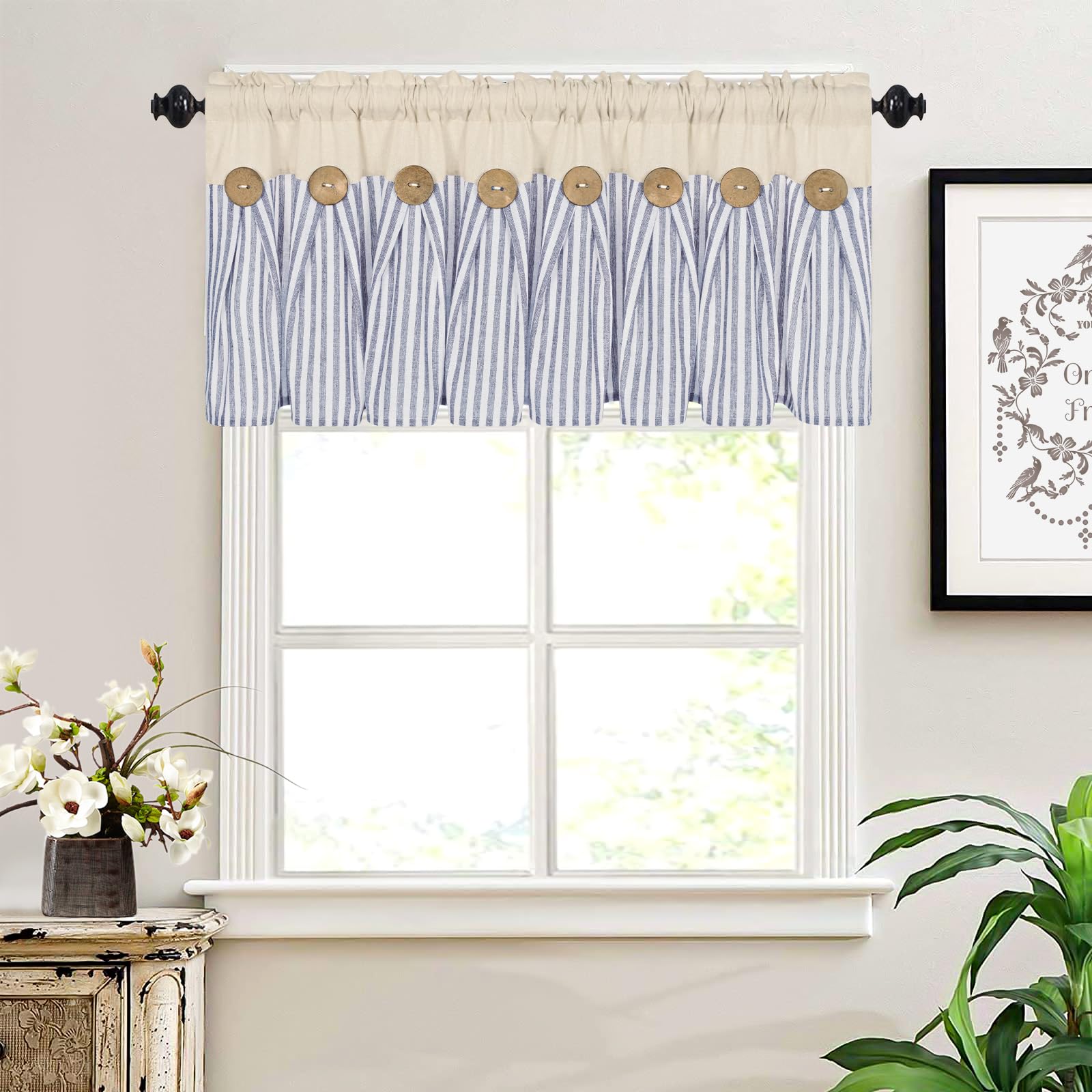 Bleum Cade Cotton Linen Farmhouse Kitchen Valance Curtains Boho Rustic Button Valances Natural/Blue Stripe Color Block Window Va