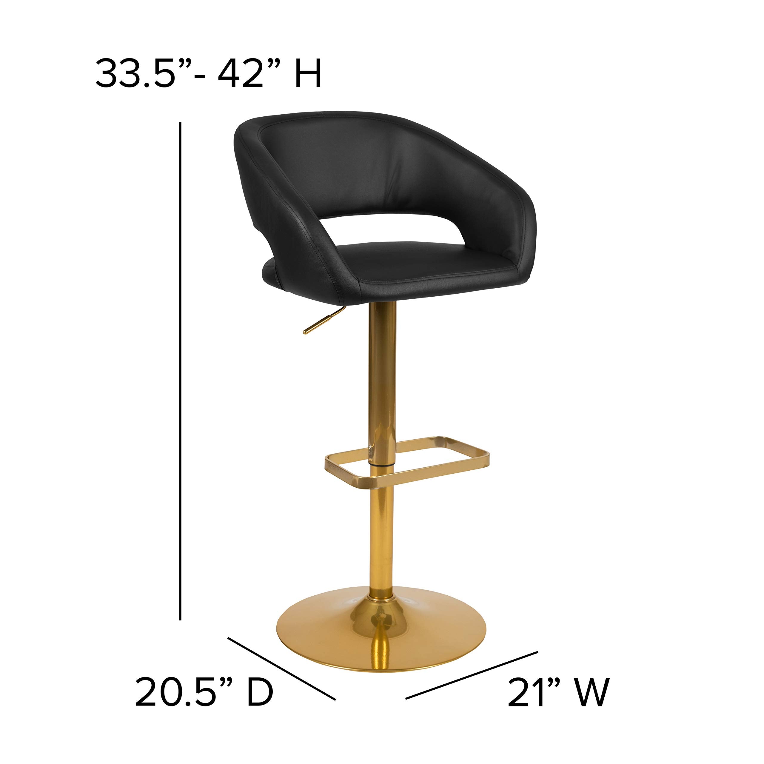 Flash Furniture Erik Contemporary Adjustable Height Barstool With Footrest And Rounded Mid-Back, Upholstered Bar Or Counter Height Stool, Black/Gold