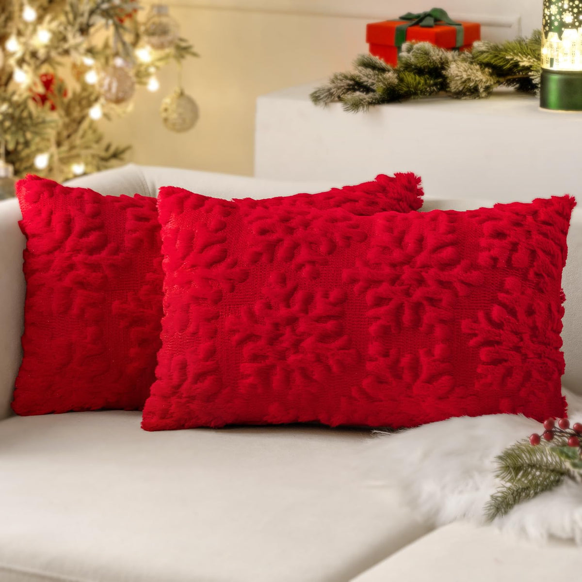 Miulee Red Throw Pillow Covers Christmas Snowflakes Decorative Pillow Covers 12X20 Inchfaux Wool Winter Pillow Covers Set Of 2 F