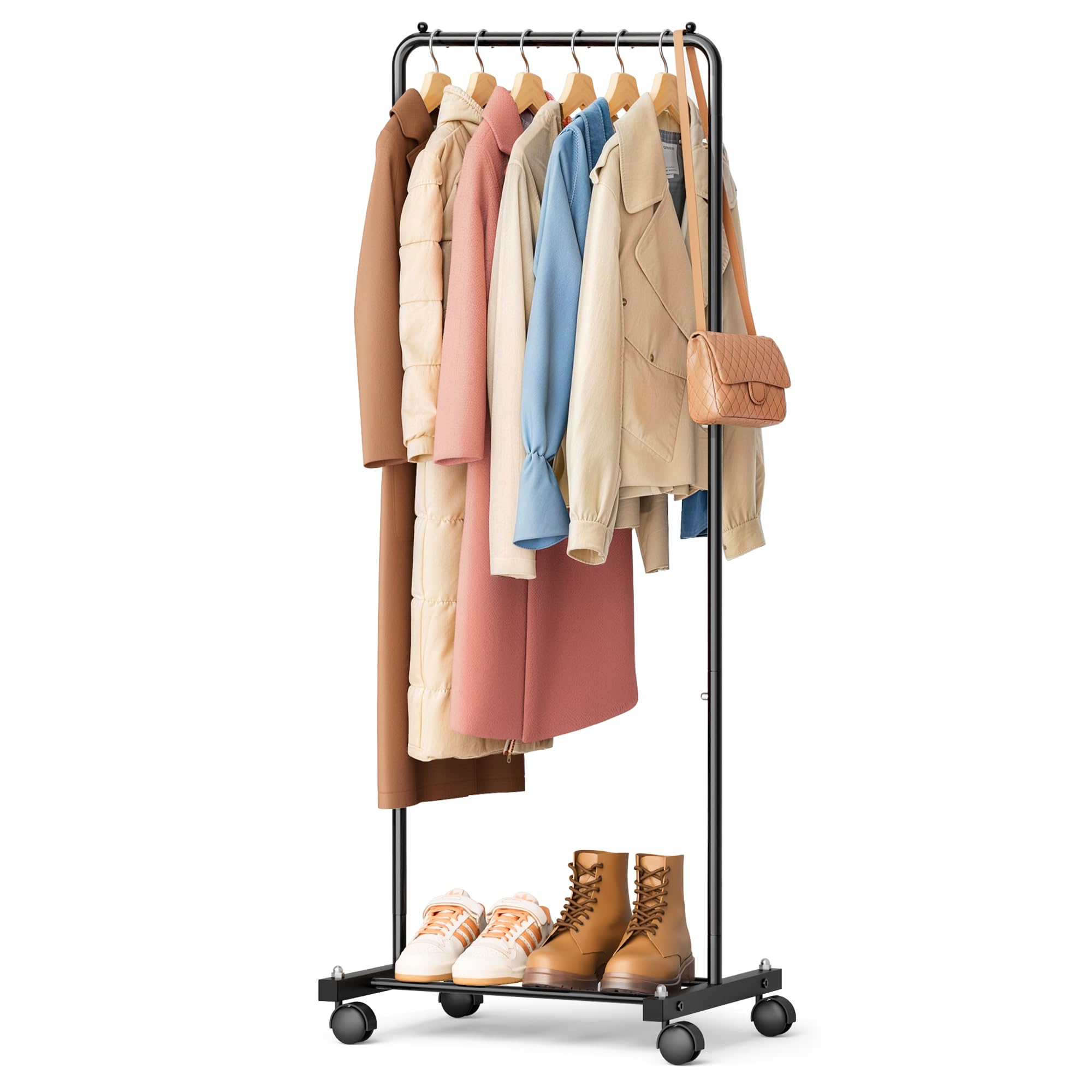 KIMBORA Small Clothing Rack with Wheels, Portable Clothes Racks for Hanging Clothes, 56  Metal Rolling Garment Rack for Coats, J