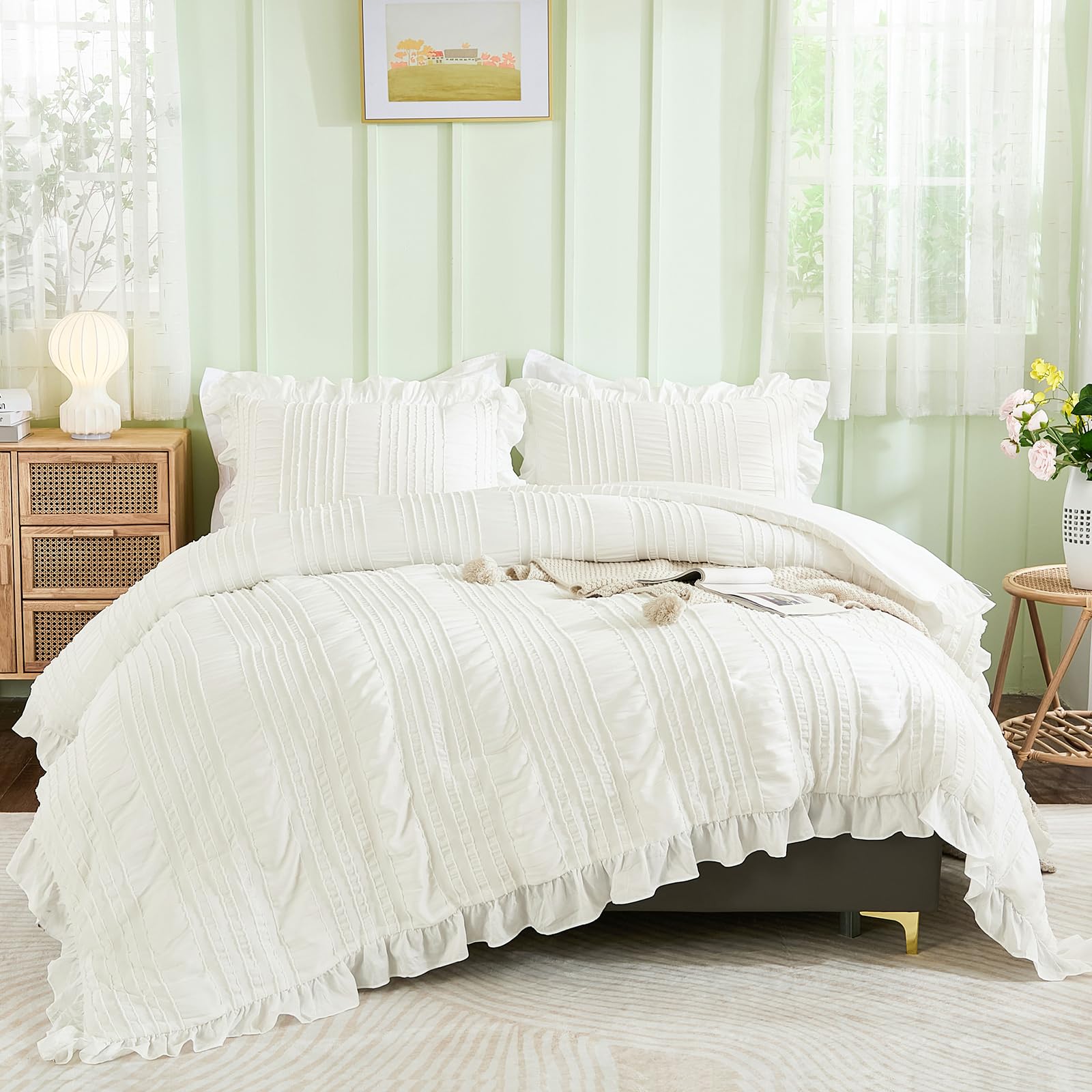 Wongs Bedding White Comforter Set King,3 Pieces Ruffle Farmhouse Shabby Chic Boho Comforter For King Bed,Soft Textured Bedding S