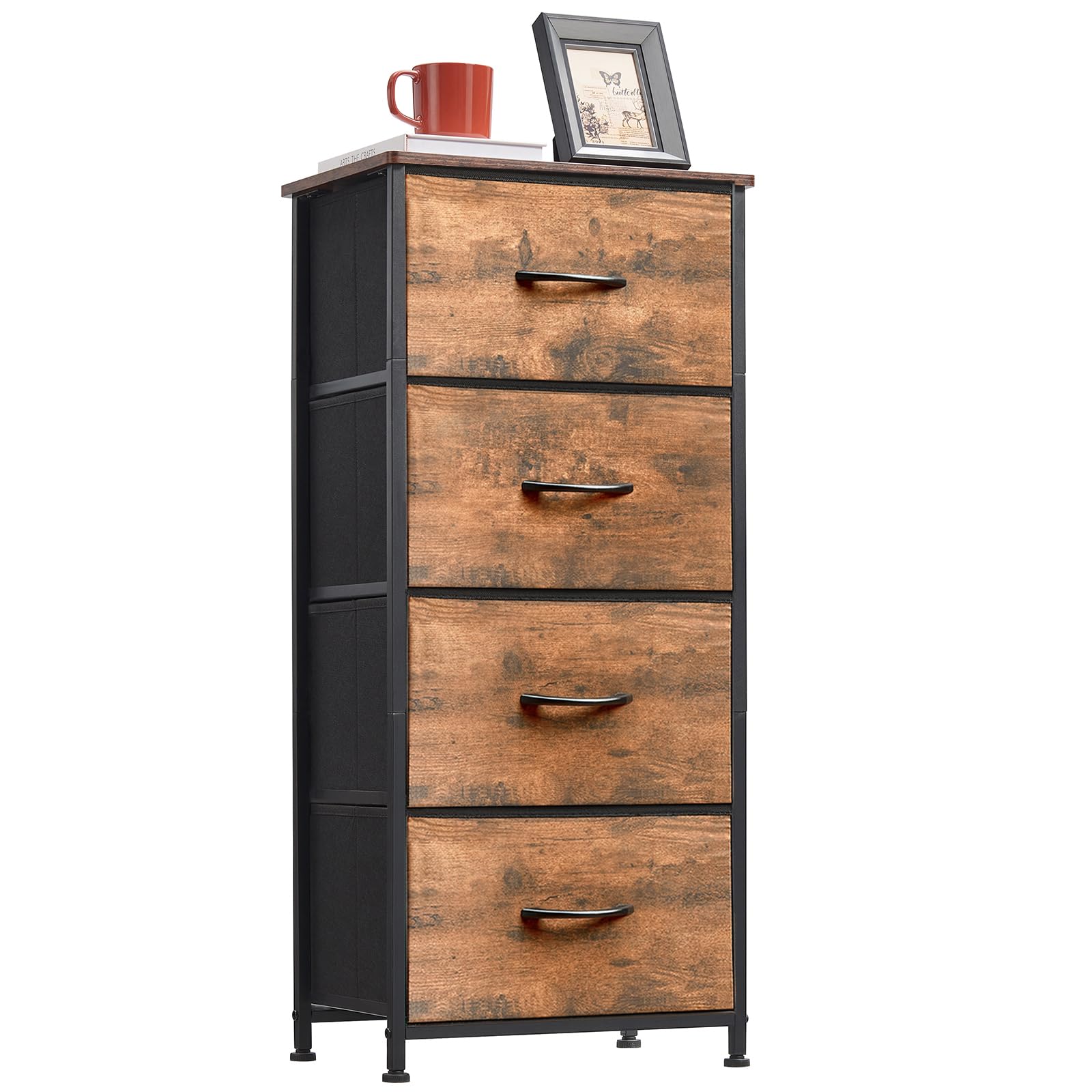 Somdot Tall Dresser For Bedroom With 4 Drawers, Storage Organizer Chest Of Drawers With Removable Fabric Bins For Living Room Closet Bedside Nursery Laundry Entryway Hallway, Wood Grain Print
