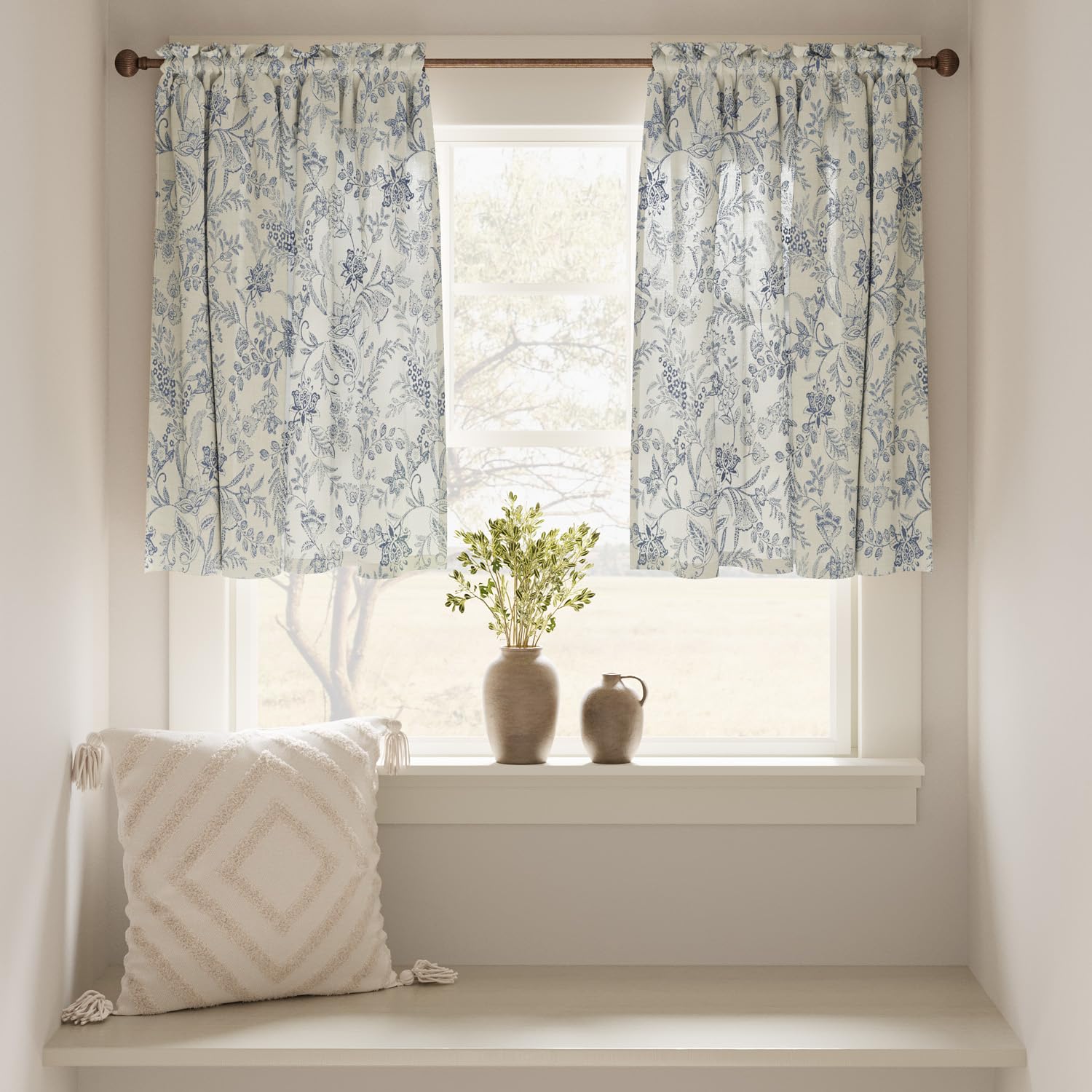 Jinchan Floral Kitchen Curtains 24 Inch Linen Tier Curtains Farmhouse Cafe Curtains Country Botanic Small Window Curtains Rod Po