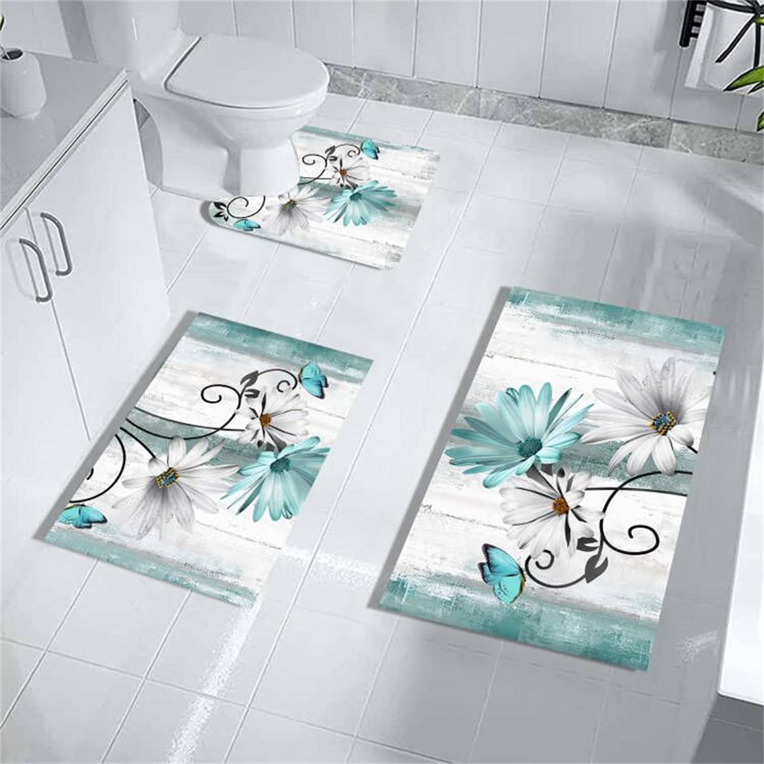 MUGINYU Teal Daisy Floral Bath Rug Sets 3 Piece, Rustic Farm Farmhouse Bath Mat Quick Dry Thin Rubber Diatomaceous Earth Turquoi