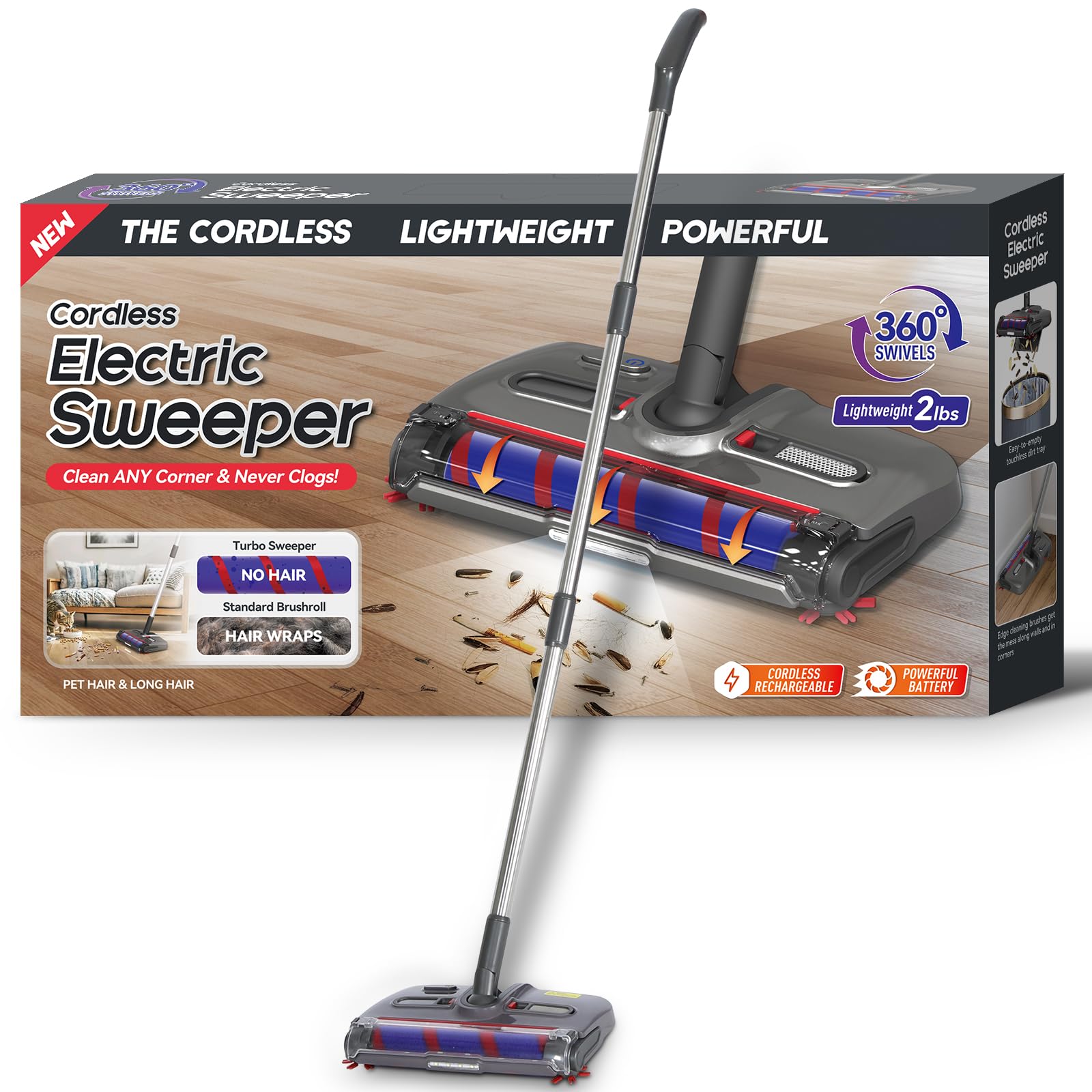 WarmWink Cordless Sweeper, Cordless Electric Sweeper Rechargeable Cordless Sweeper, 360 Direction, Hard Floor Sweeper Roller Swe