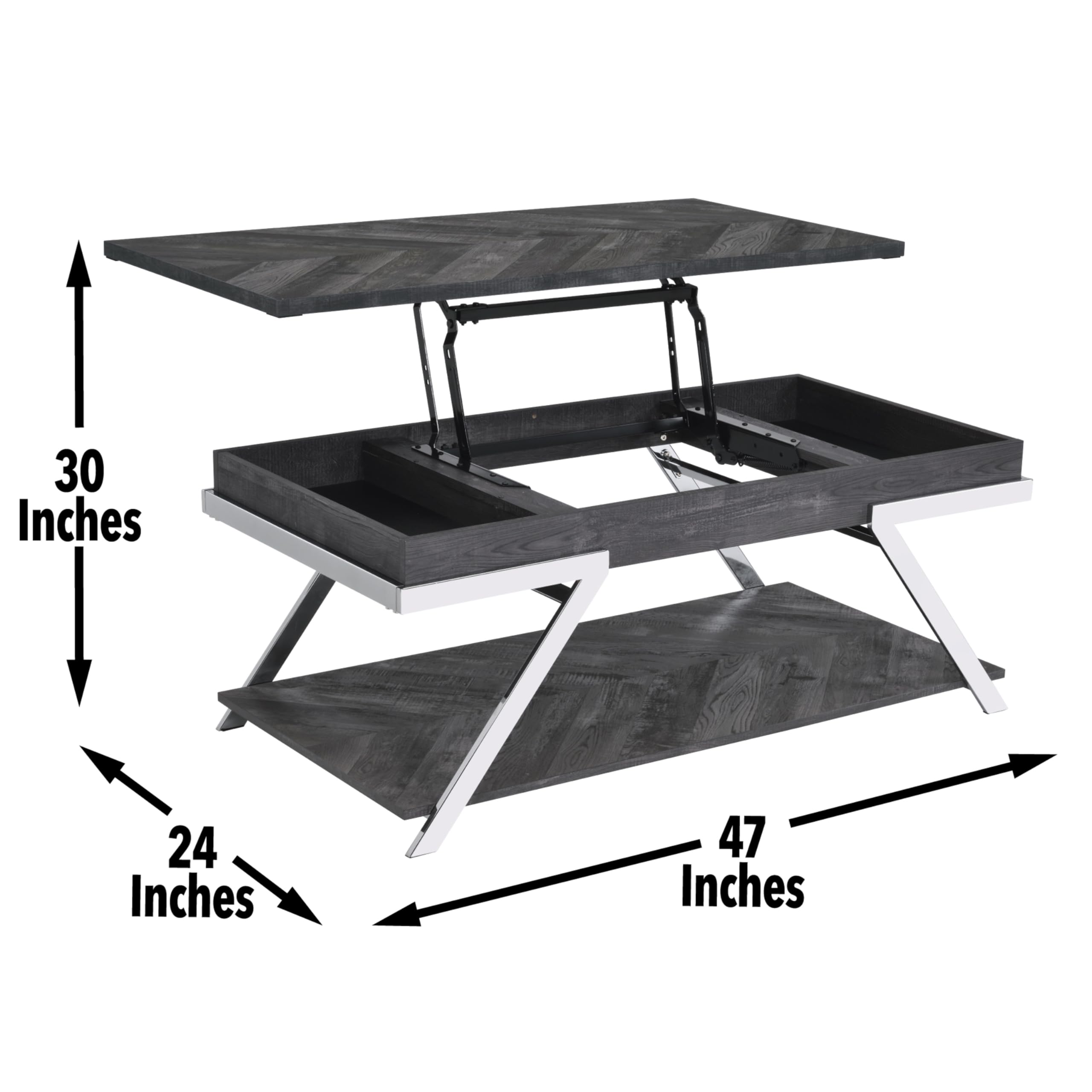 Steve Silver Co Roma Lift-Top Cocktail Table, Living Room, Silvershield® Tops, Undertop Storage Space, Bottom Shelf, Chrome Legs, Contemporary Style, 47.5&quot; D x 24&quot; W x 19.25&quot; H, Black/Chrome