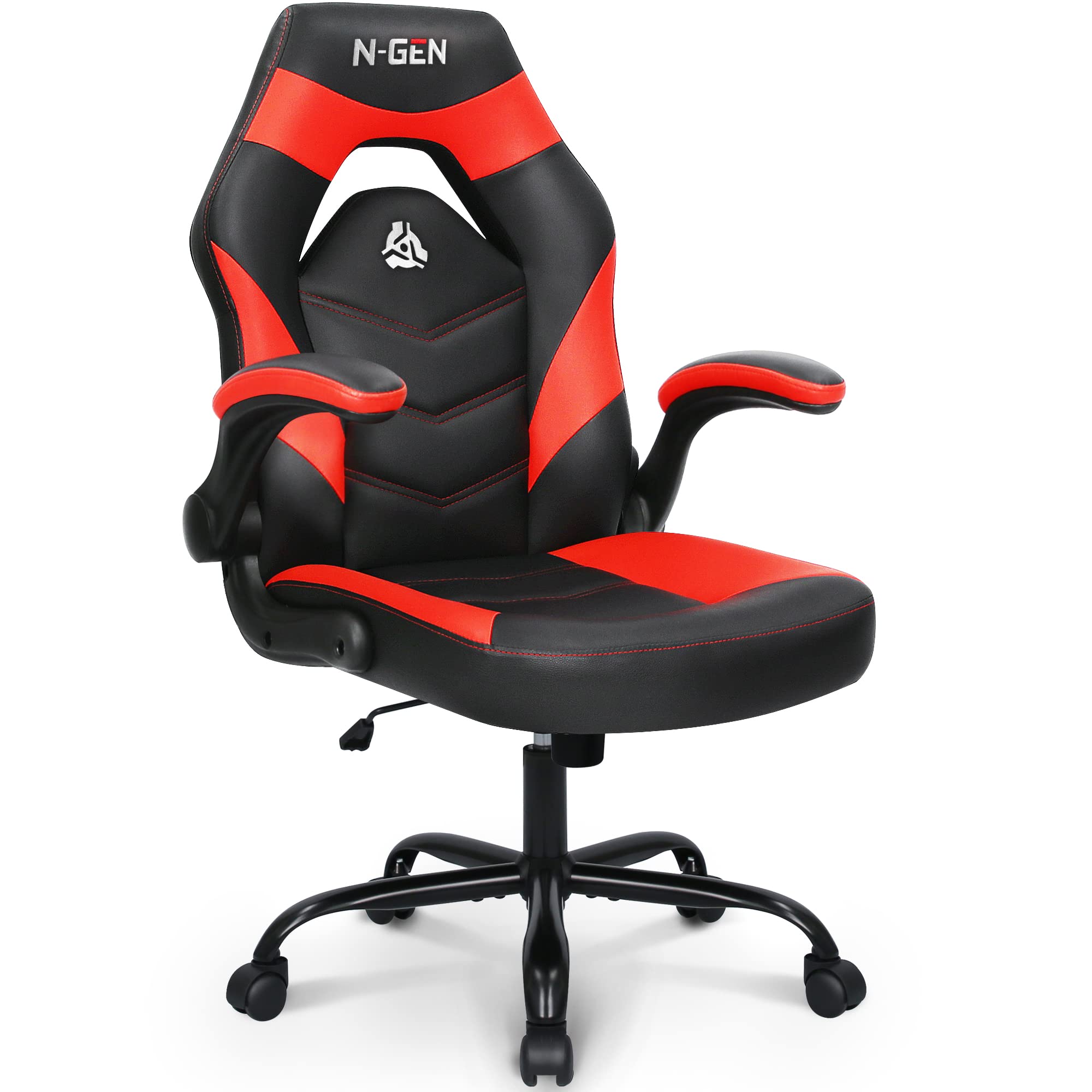 N-Gen Video Gaming Computer Chair Ergonomic Desk Office Chair For Adults With Lumbar Support Flip-Up Arms Adjustable Height Swivel Wheels Pu Leather Executive Design For Home And Office (Red)