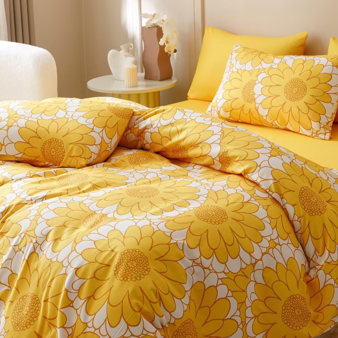 Clothknow Yellow Sunflower Comforter Set Full Size 3Pcs Yellow White Bedding Comforter Sets Light Yellow Comforter Full Women Gi