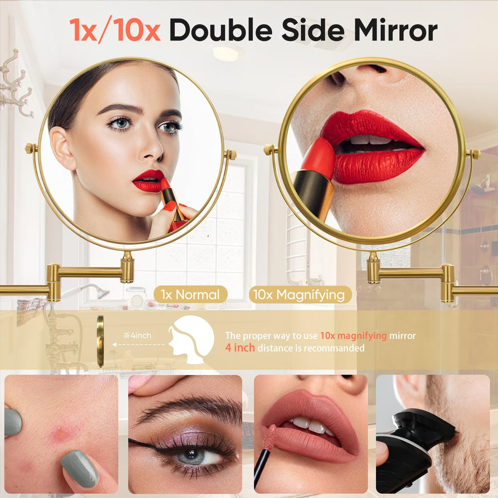 GURUN 8" Wall Mounted Makeup Mirror, 10X Magnification, Brass, Retro Gold Finish, Two-Sided Swivel