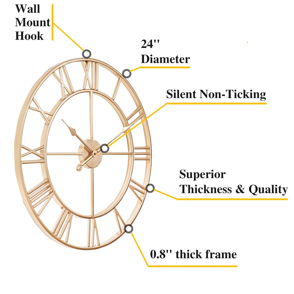 Clxeast Champagne Gold Wall Clock, Large 24 Inch Wall Clocks For Living Room Decor, Metal Roman Numeral Wall Clock,Decorative Wa