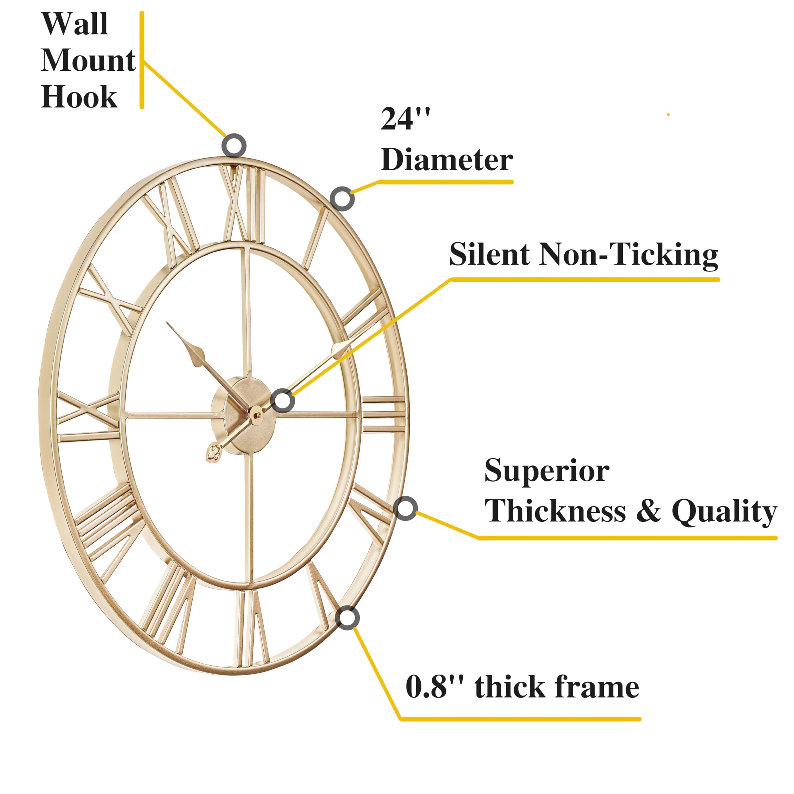 Clxeast Champagne Gold Wall Clock, Large 24 Inch Wall Clocks For Living Room Decor, Metal Roman Numeral Wall Clock,Decorative Wa