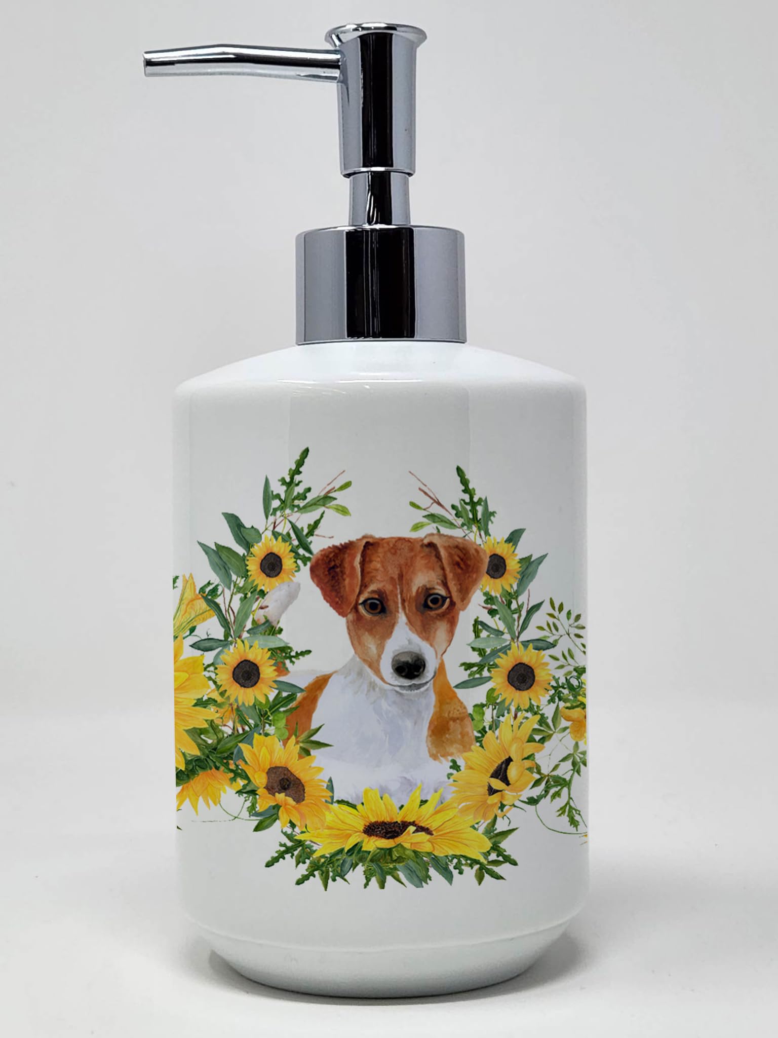 Caroline's Treasures CK2881SOAP Jack Russell Terrier in Sunflowers Ceramic Soap Dispenser Hand Soap Dispenser Pump Bottles for B