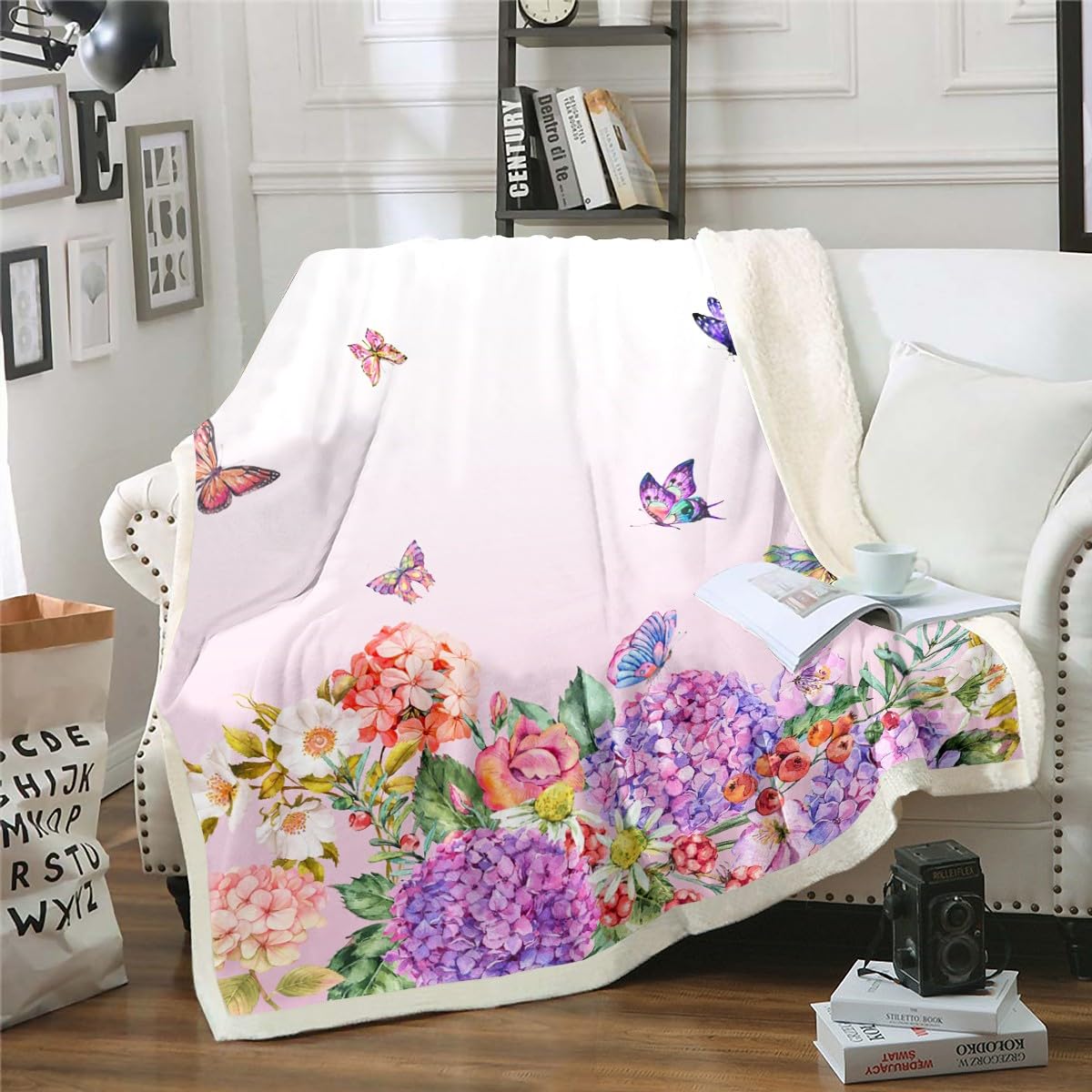 Erosebridal Purple Butterfly Blanket For Girls Kids Pink Gradient Throw Blanket, Dreamy Butterfly Fuzzy Blanket Romantic Theme F