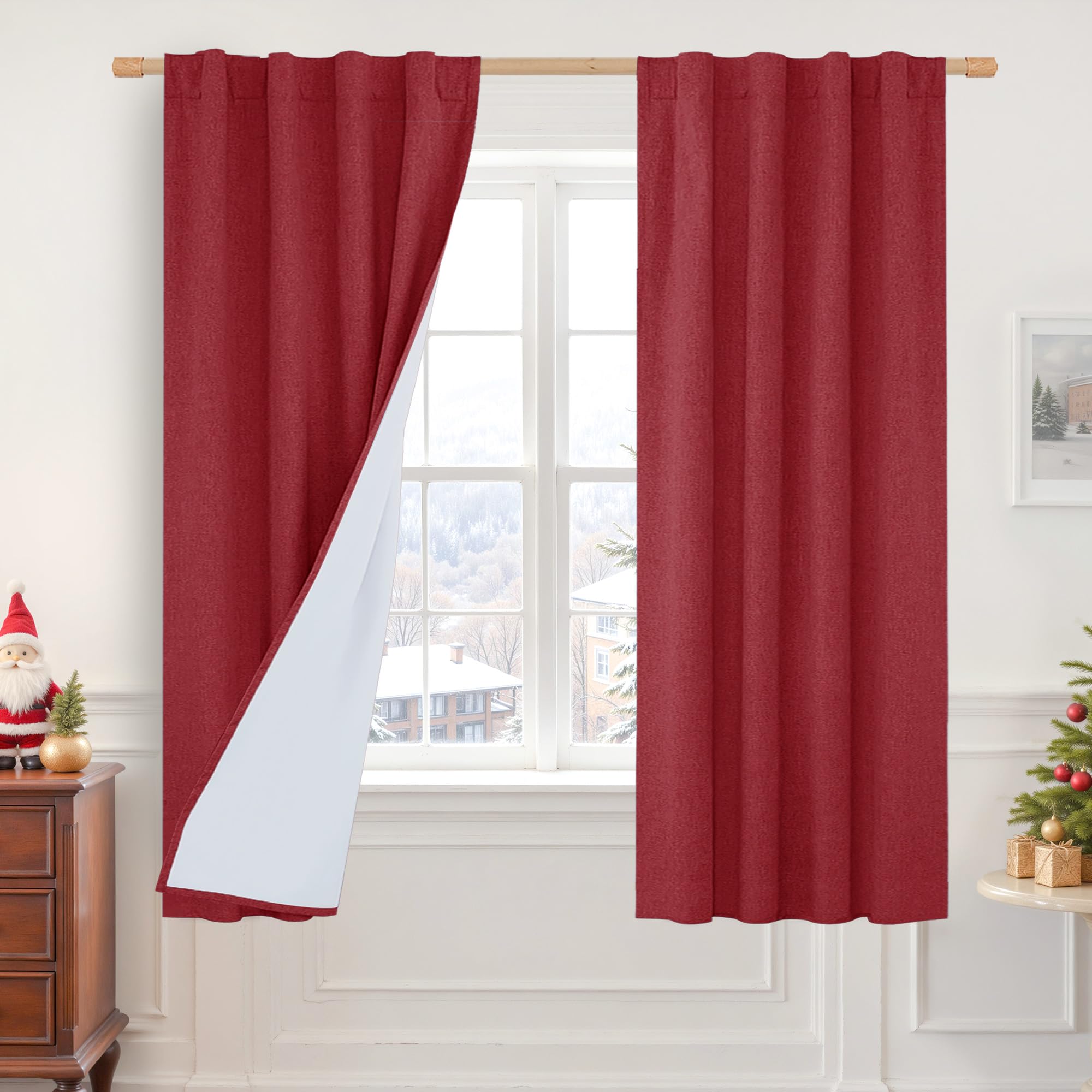 LAMIT Red 100% Blackout Linen Curtains, 63 Inches Linen Textured Thermal Bedroom Panels Back Tab and Rod Pocket Neutral Drapes w