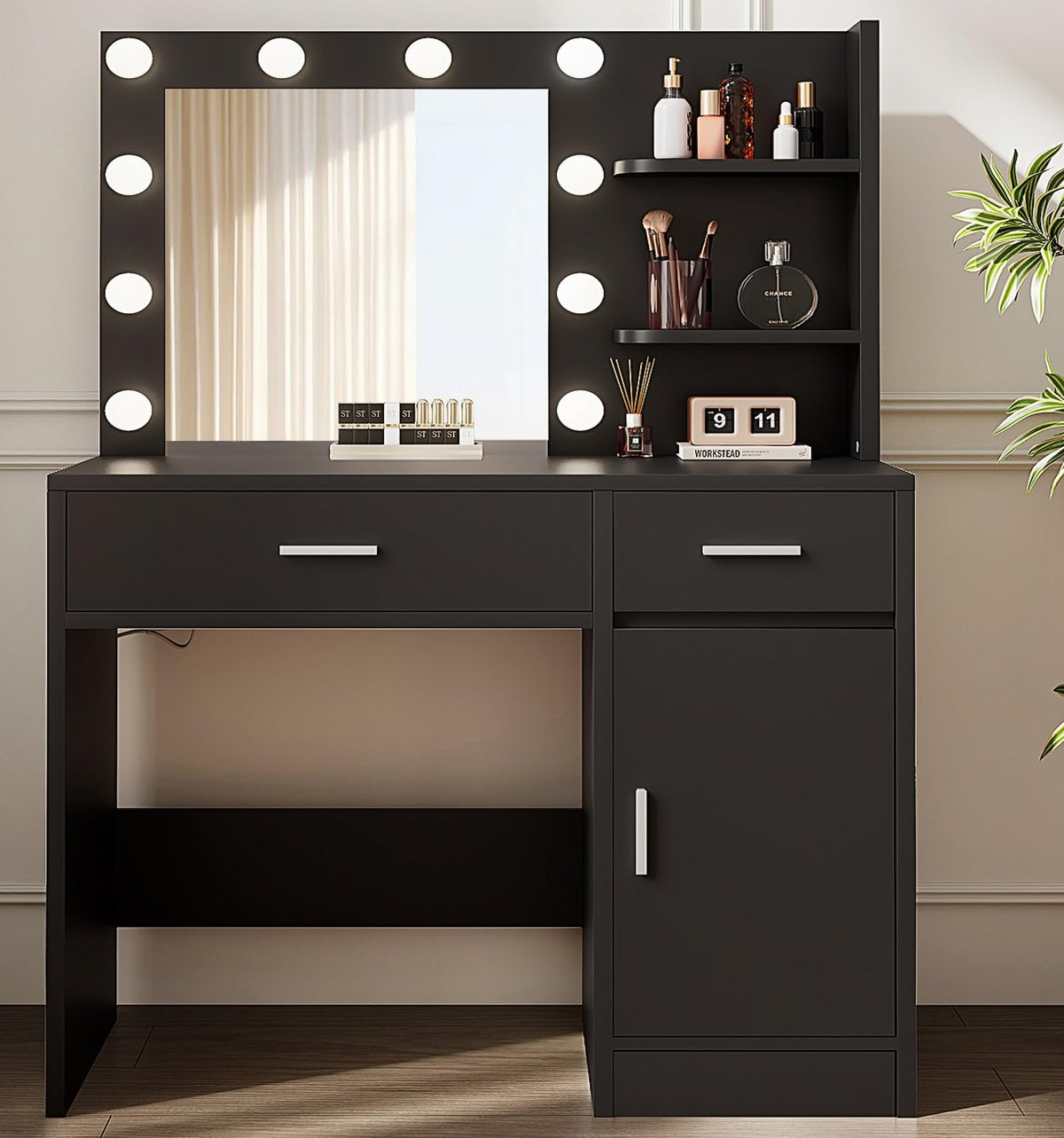 LIVELYGLOW Vanity with Lights, Makeup Vanity with Mirror, 3 Lighting Modes, for Bedroom, Black