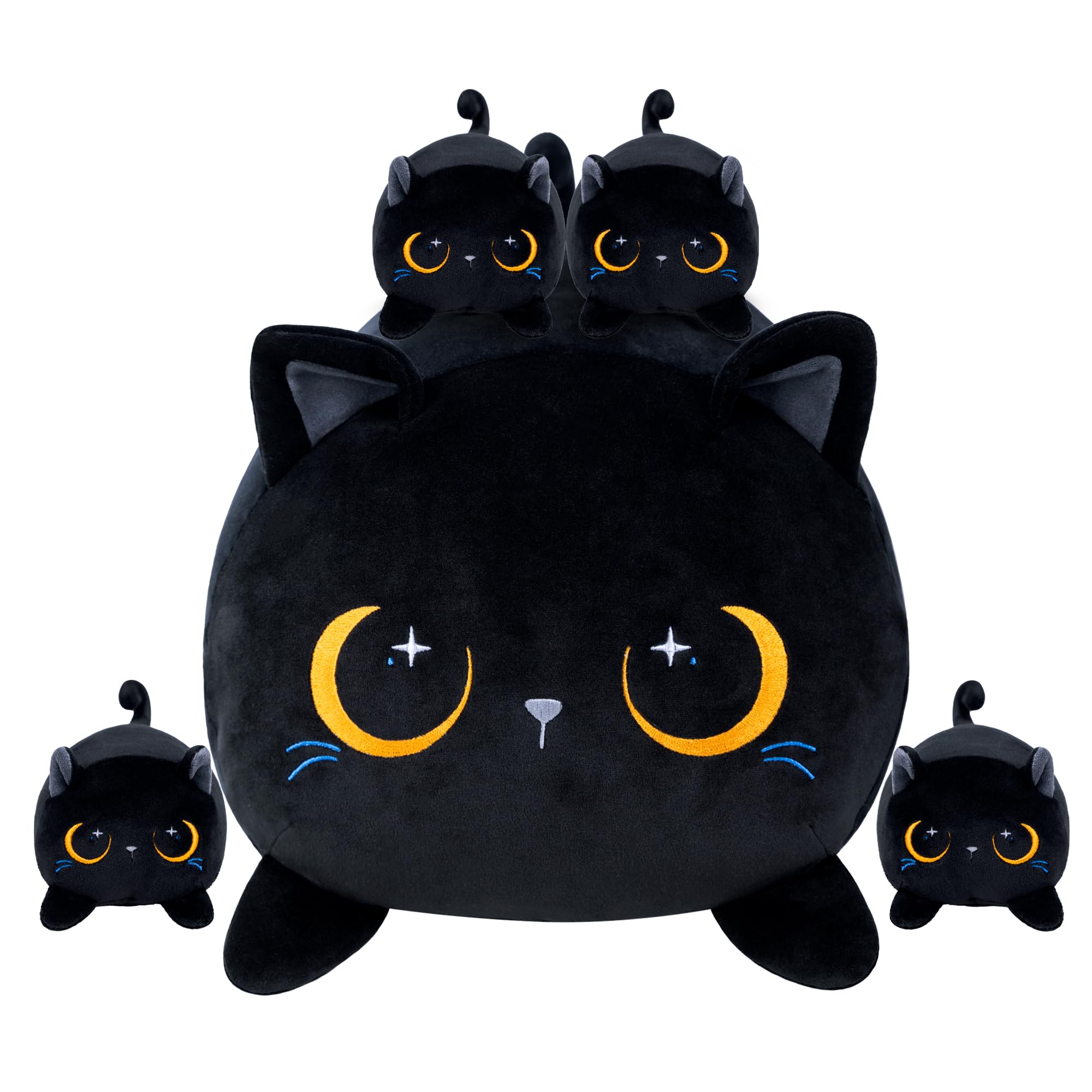 YIIQUWEN Black Cat Plush Cute Cat Stuffed Animal with 4 Baby Soft Pillow Christmas, Thanksgiving, Birthday Gift for Girls Boys K
