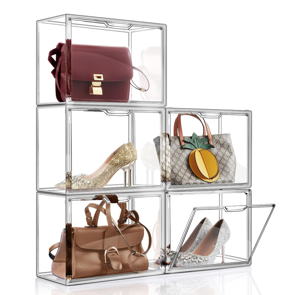 Starogegc Purse Organizer For Closet, 5Pack Stackable Storage Bins, Clear Acrylic Display Case With Magnetic Lid, Closet Organiz