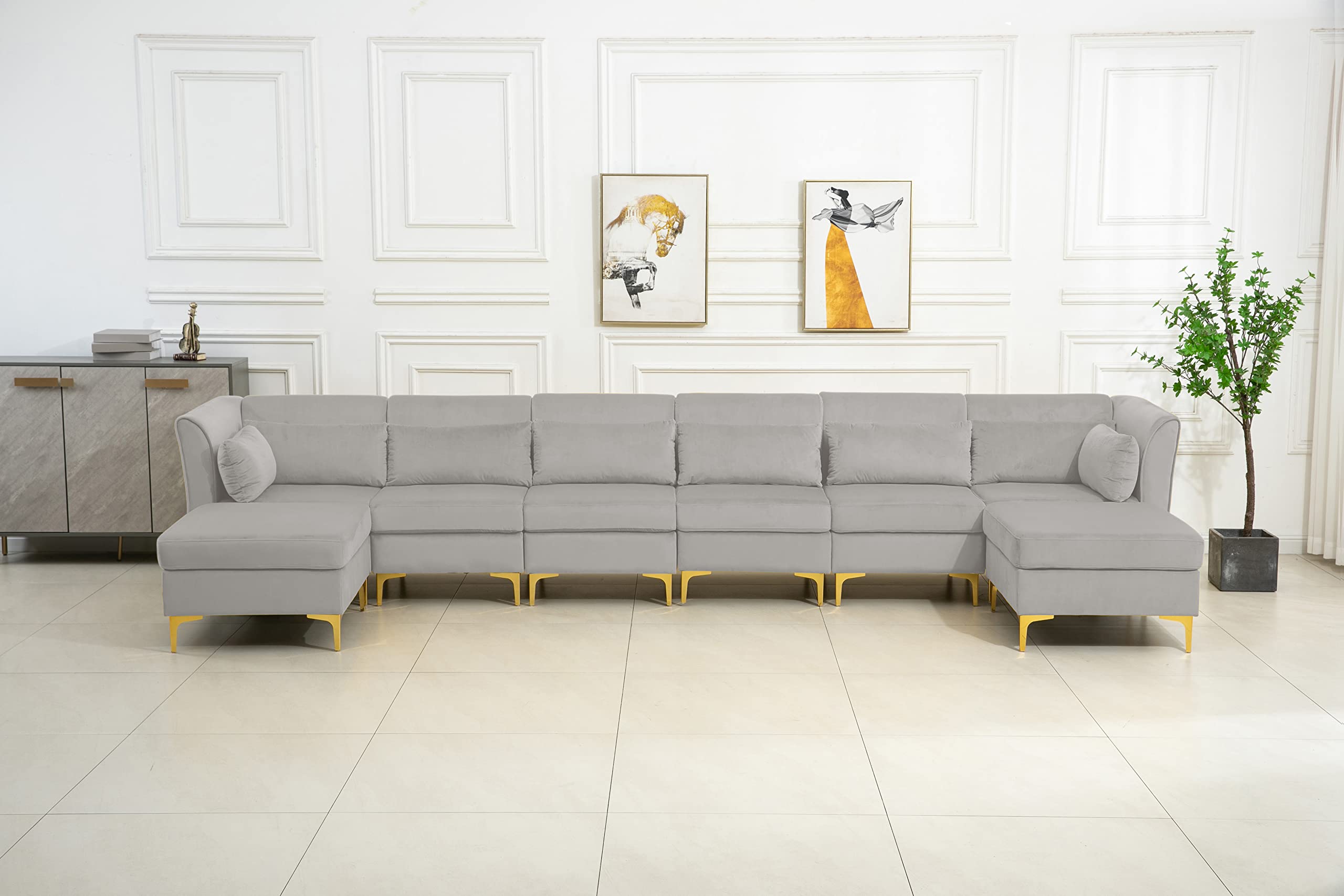 Lilola Home Jaka Light Gray Woven Fabric 6-Seater Sofa with Dropdown Table and Ottoman