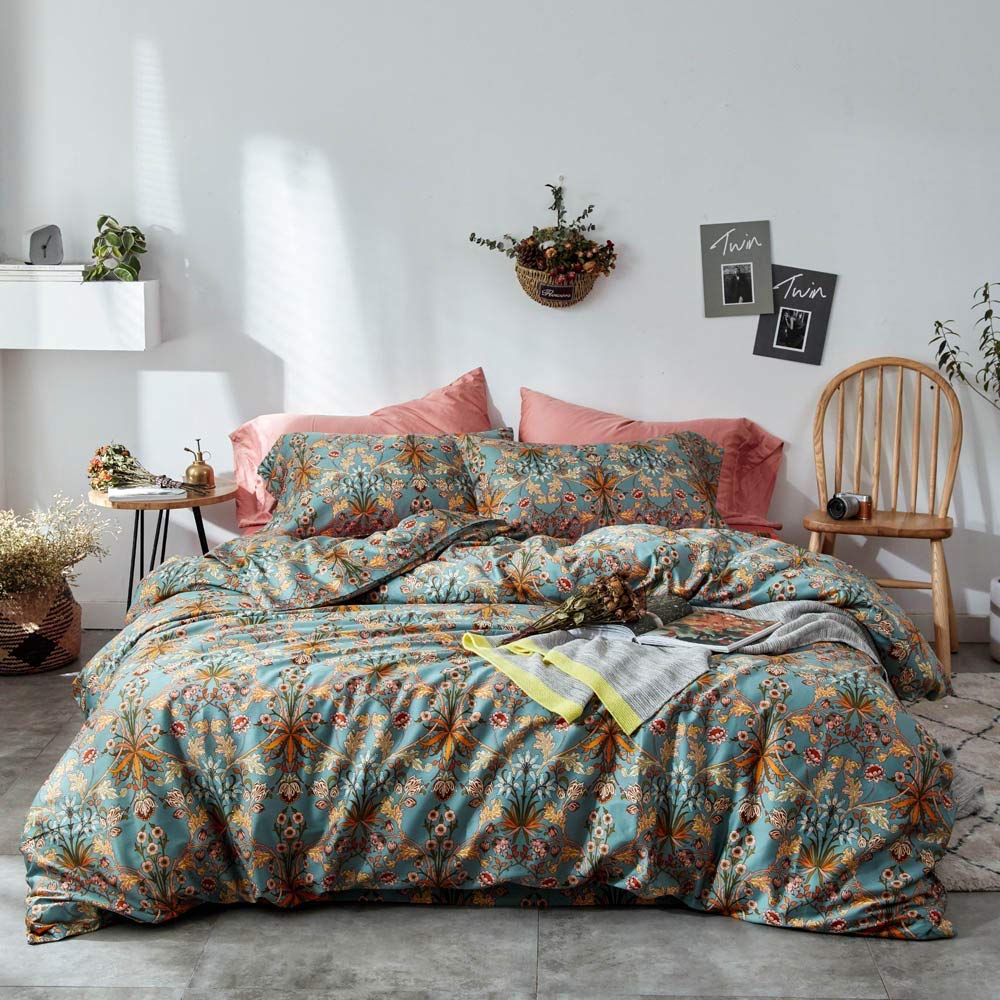 VM VOUGEMARKET Gold Green Flower Duvet Cover Full,Medallion Print Bedding Set Percale Cotton Vibrant Bohemian Pattern Quit Cover