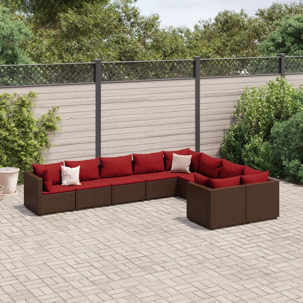 9 Piece Brown Poly Rattan Patio Sofa Set with Cinnamon Red Cushions - Thumbnail 4