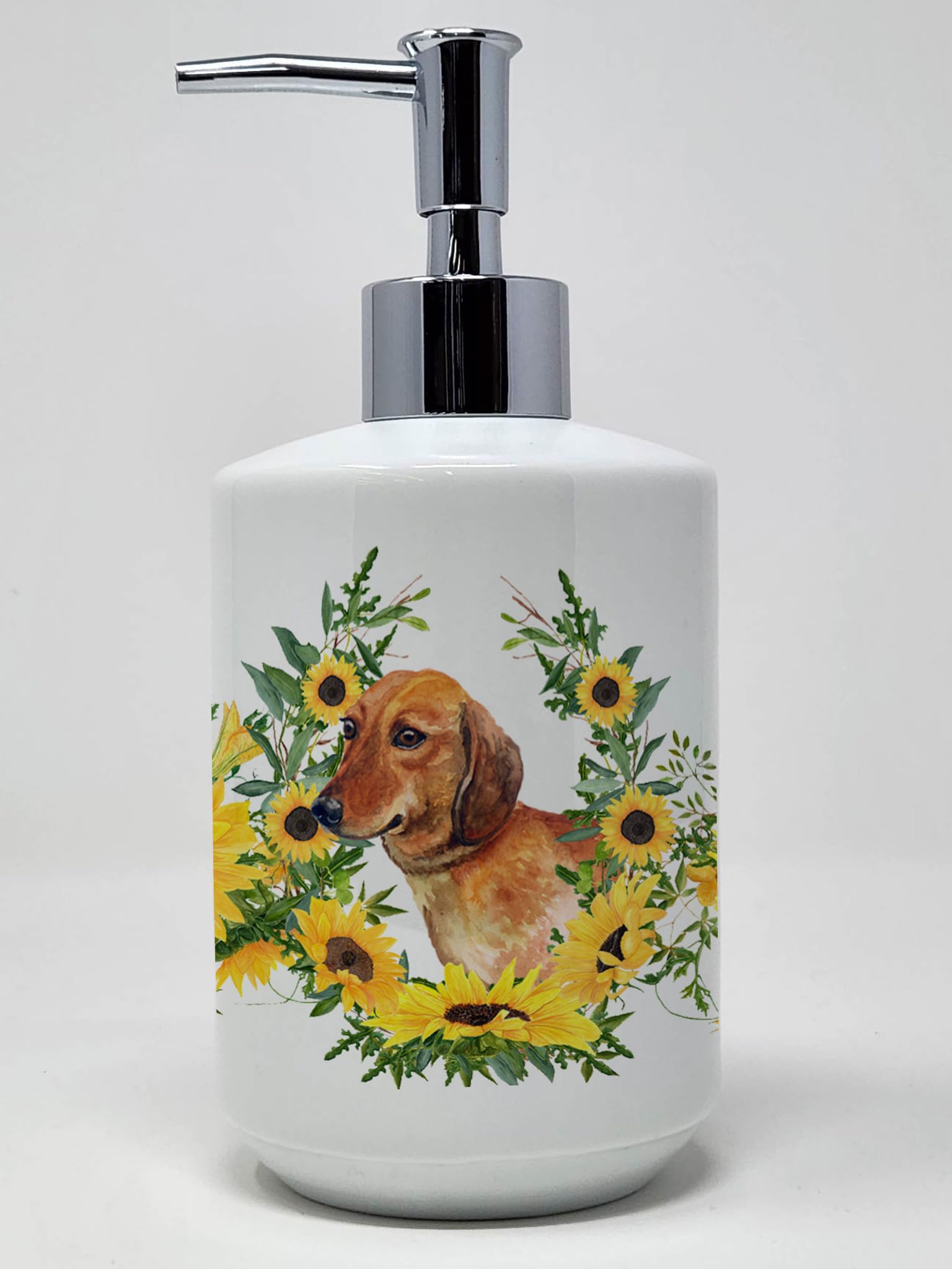 Caroline's Treasures CK2844SOAP Dachshund in Sunflowers Ceramic Soap Dispenser Hand Soap Dispenser Pump Bottles for Bathroom Kit