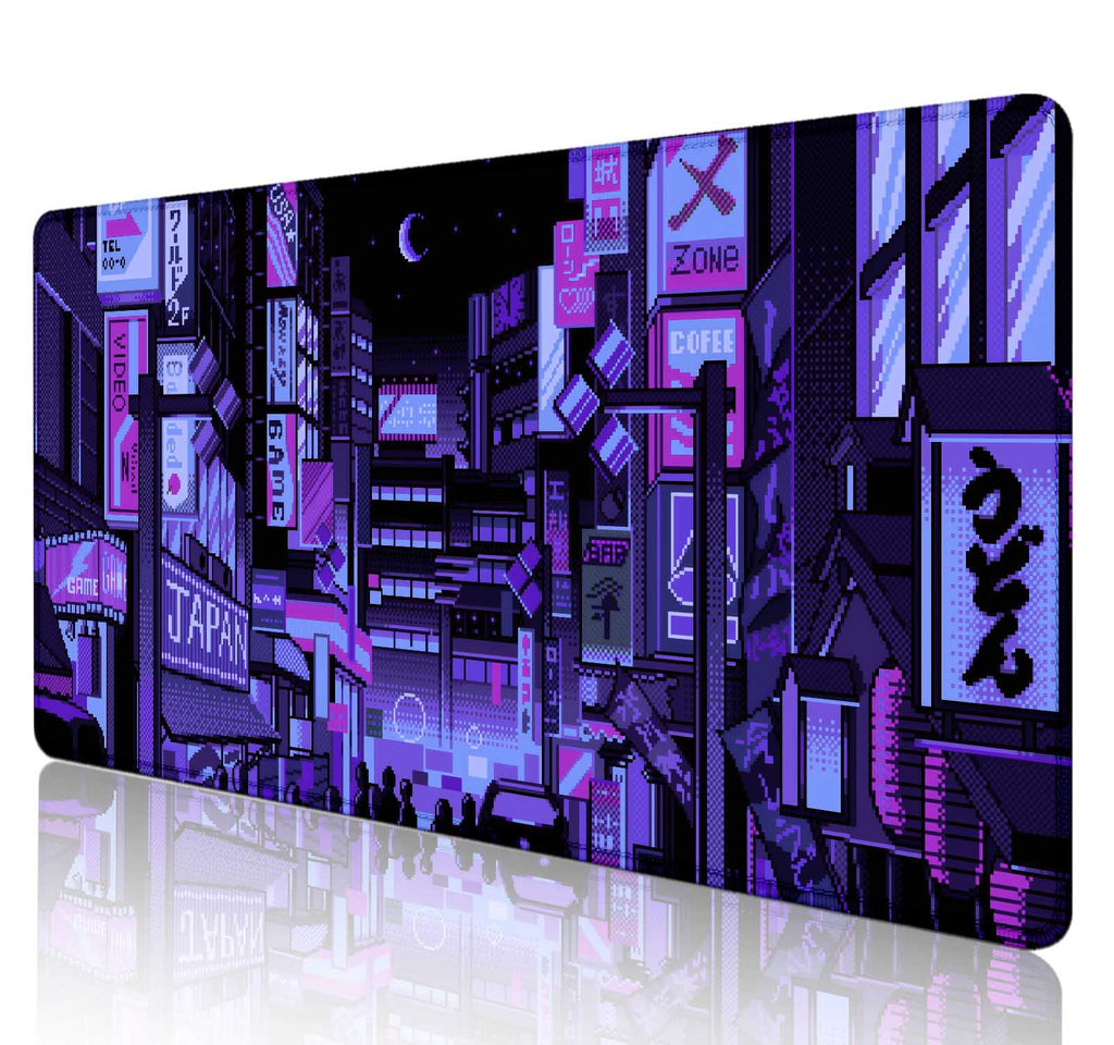 Sxckang Dark Purple Japanese Anime Desk Mat, Retro Vaporwave Large Gaming Mouse Pad For Laptop Computer, Neon Tokyo Street Pixel