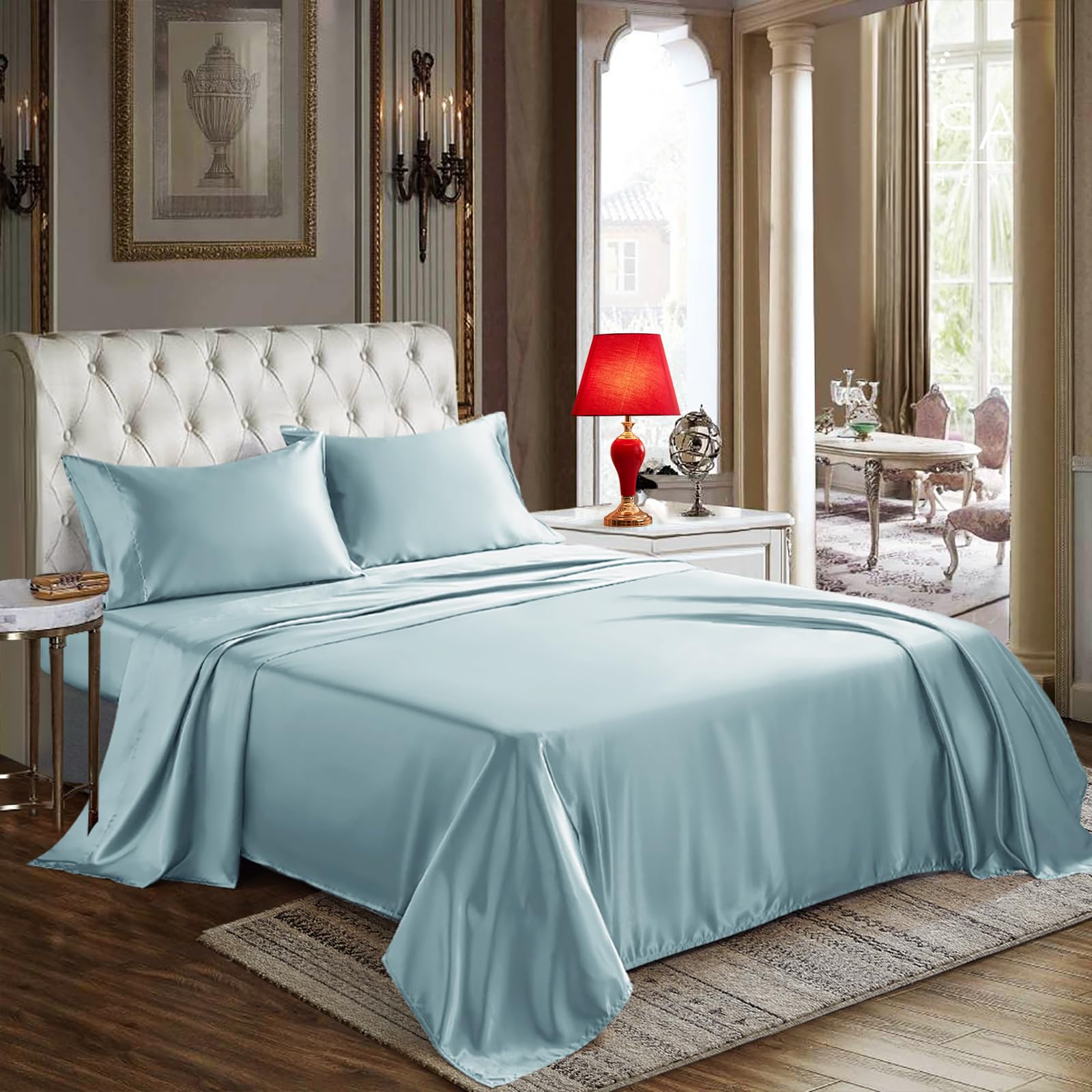 Cozylux Satin Sheets Full Size - 4 Piece Light Blue Bed Sheet Set With Silky Microfiber, 1 Deep Pocket Fitted Sheet, 1 Flat Shee