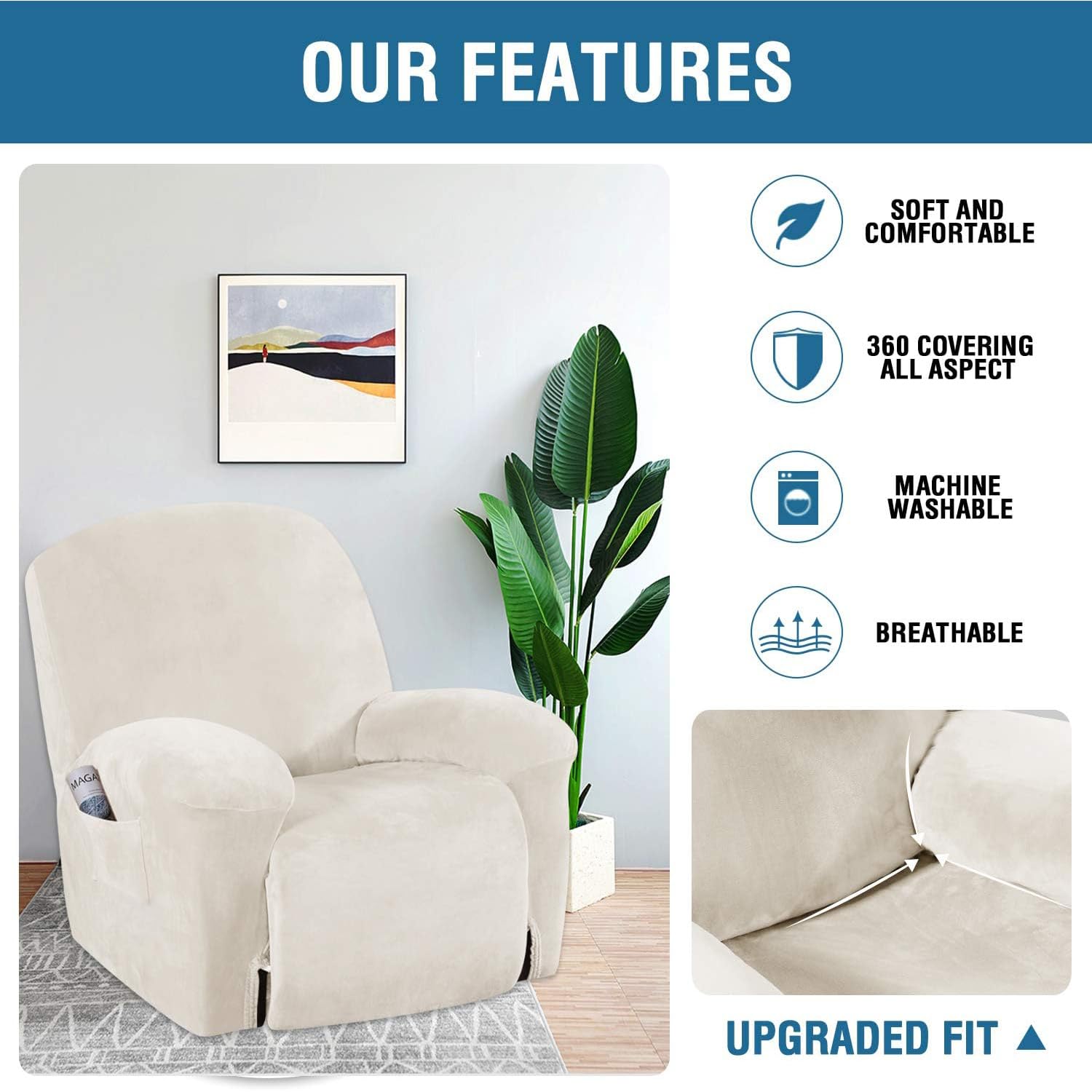 H.Versailtex Recliner Chair Covers Velvet Recliner Cover 1 Piece Slip Covers For Sofas/Couches Washable Reclining Chair/Furnitur