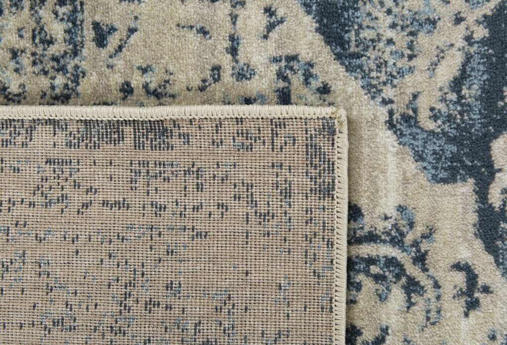 HomeRoots Ivory Heat-Set Polypropelene 5’ x 8’ Beige Blue Distressed Medallion Area Rug