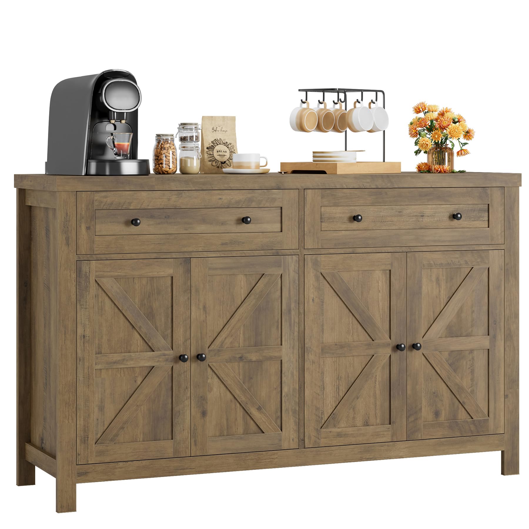 HOSTACK 55'' Buffet Sideboard Cabinet with Storage, Modern Farmhouse Coffee Bar Cabinet with Drawers and Shelves, Barn Doors Sto