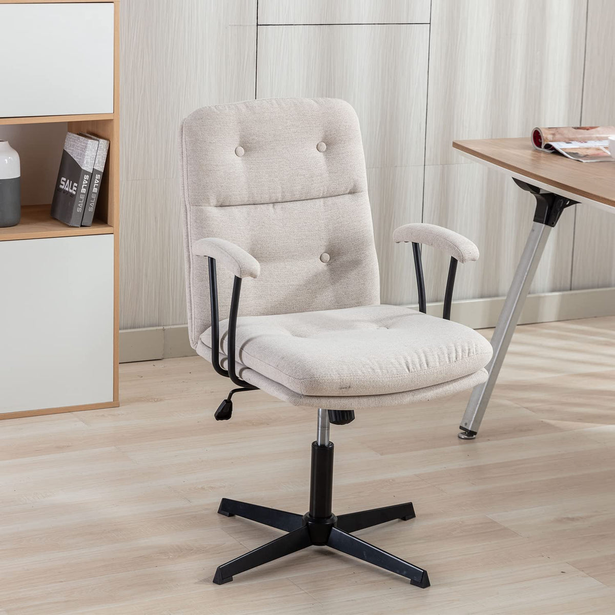 Okeysen Modern Office Desk Chair, Vanity Chair With Removable Padded Armrests For Home, Ergonomic Swivel Chairs With No Wheels,