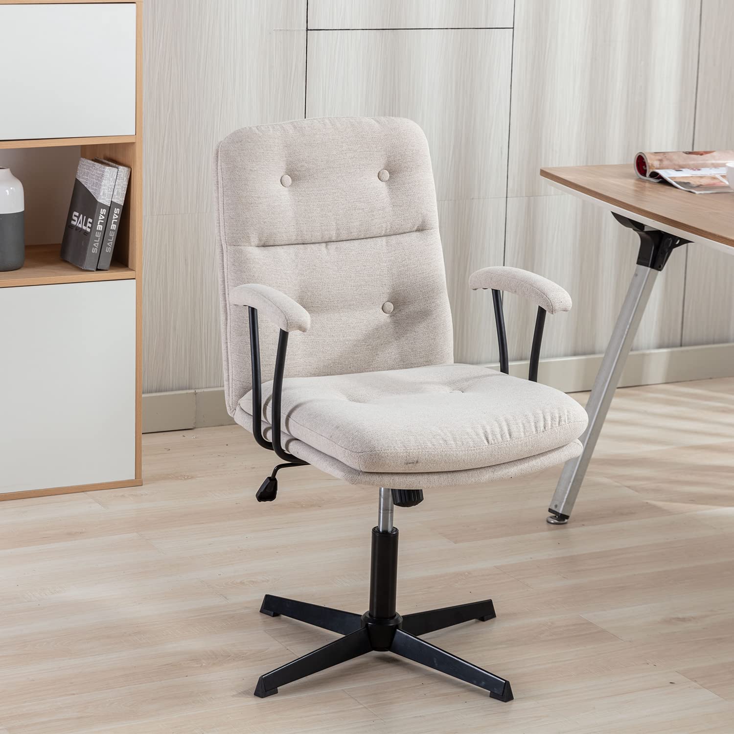 Okeysen Modern Office Desk Chair, Vanity Chair With Removable Padded Armrests For Home, Ergonomic Swivel Chairs With No Wheels,