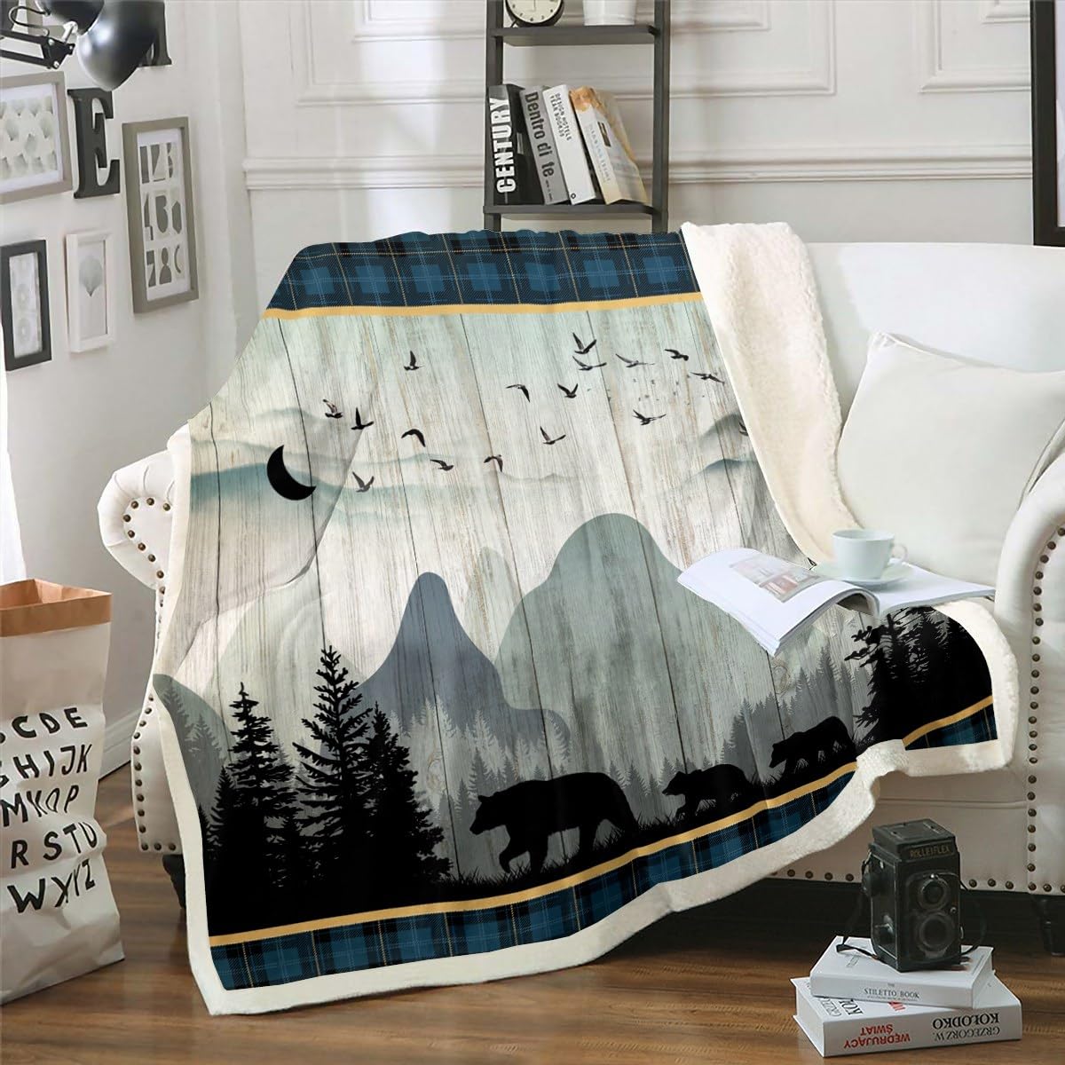 Rustic Bear Blanket For Women Wild Animal Bear Print Throw Blanket, Western Farmhouse Theme Fleece Blanket For Boys Girls Blue G