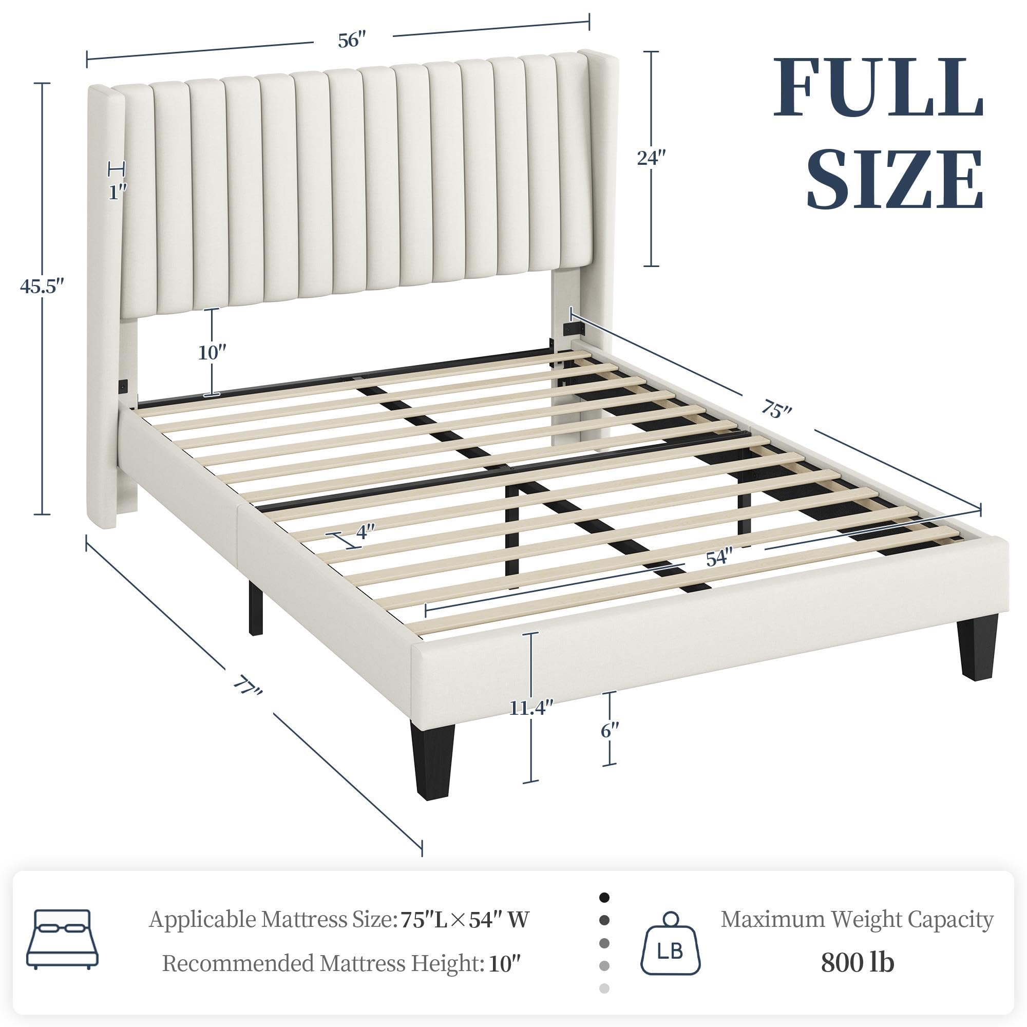 Yaheetech Full Bed Frame Upholstered Platform Bed With Fabric Headboard, Wing Edge Design/Non-Slip And Noise-Free/Wooden Slats Support/No Box Spring Needed/Easy Assembly, Beige Full Bed
