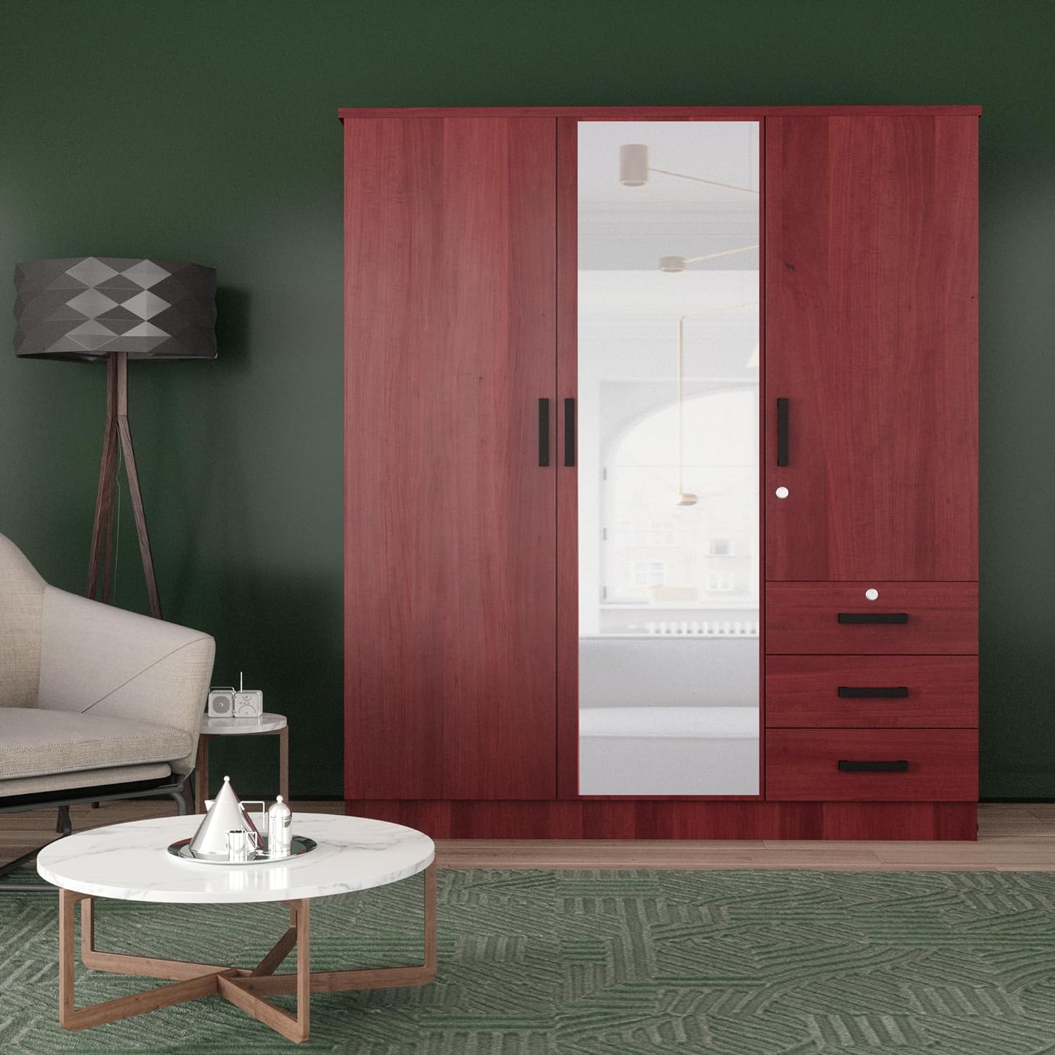 Violet Wardrobe Mirrored Door Closet 3 Doors and 3 Drawers (Mahogany)